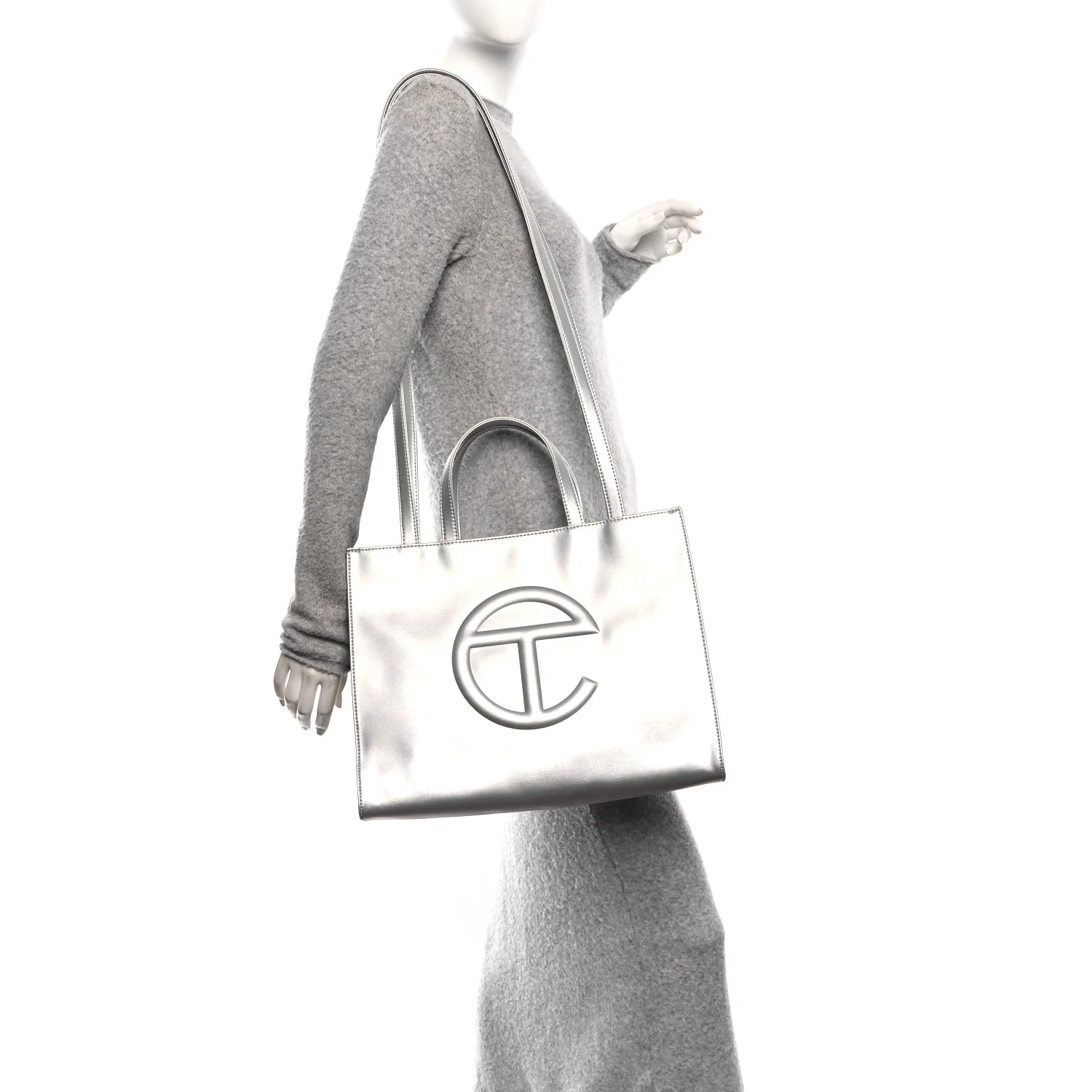 Metallic Vegan Leather Medium Shopping Bag Silver - Image 2