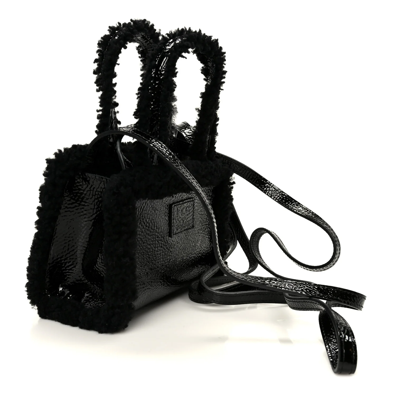 X UGG Crinkle Patent Shearling Small Shopping Bag Black - Image 3
