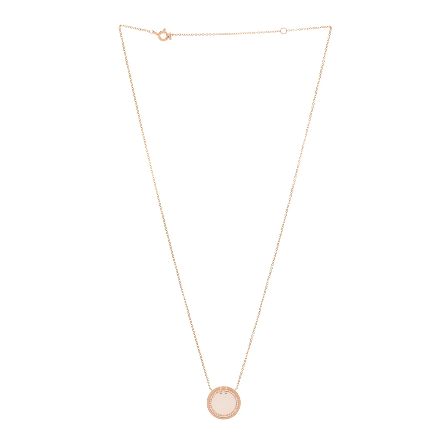 18K Rose Gold Diamond Mother of Pearl T Circle Pendant Necklace - Image 3