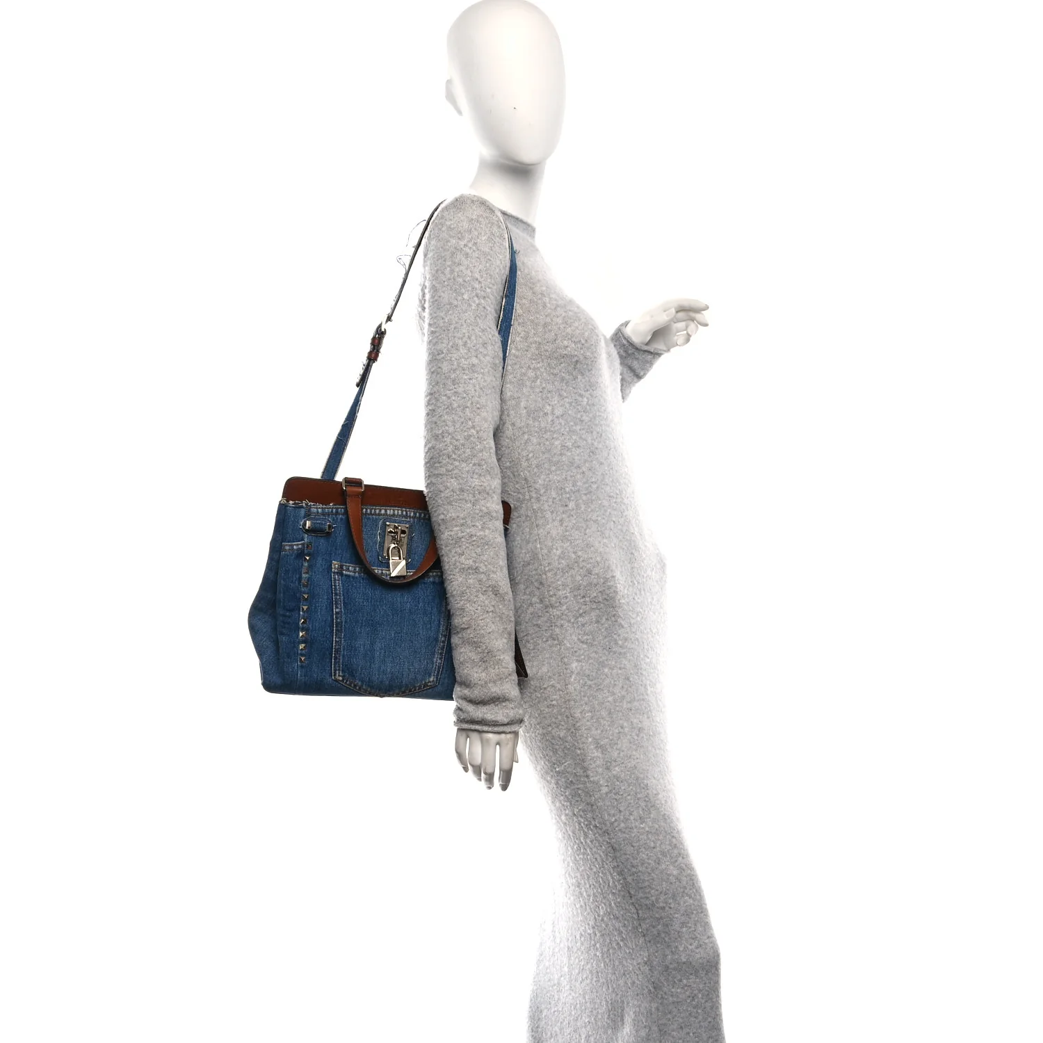 Calfskin Denim Rockstud Medium Joylock Satchel Blue - Image 2