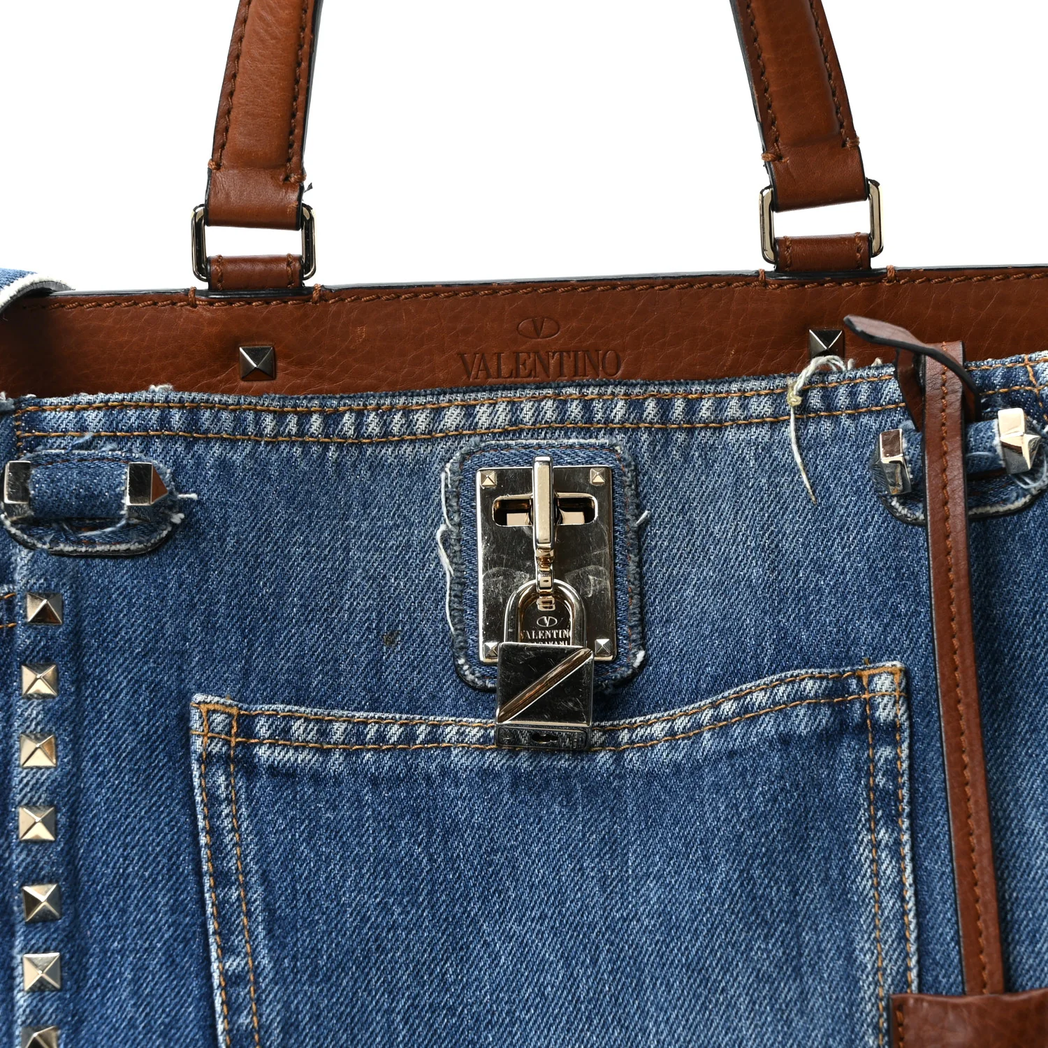 Calfskin Denim Rockstud Medium Joylock Satchel Blue - Image 8