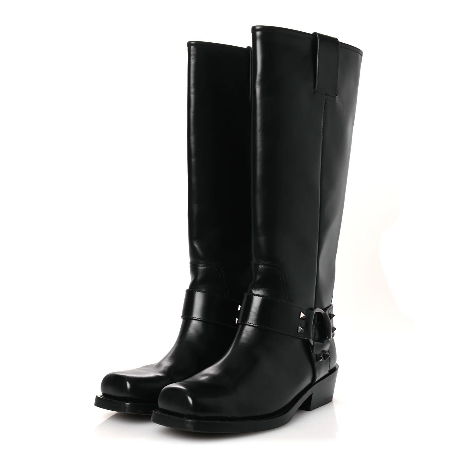 Calfskin Rockstud Spike Square Toe Biker Boots 38.5 Black - Image 4
