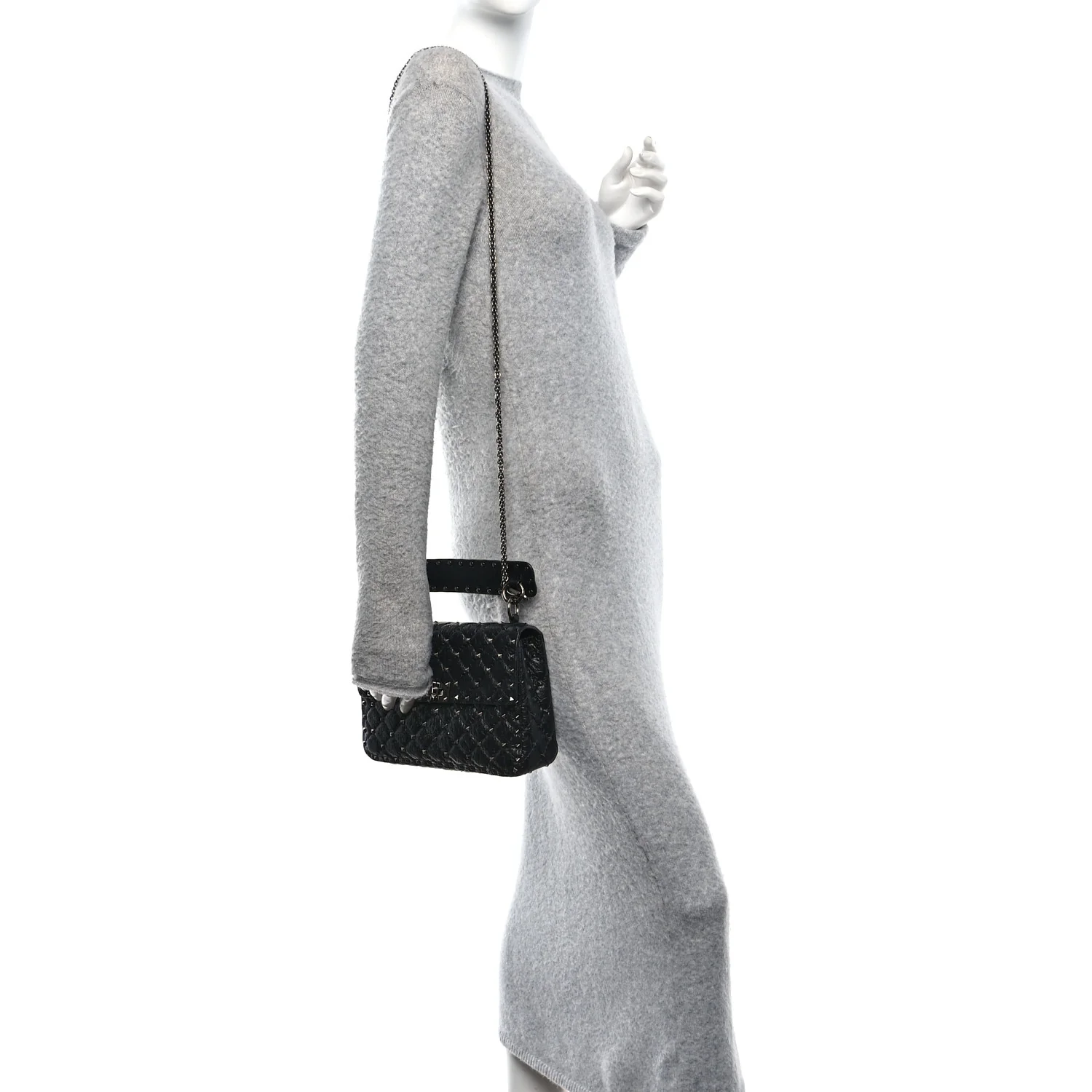 Craquele Nappa Medium Rockstud Spike Shoulder Bag Black - Image 2