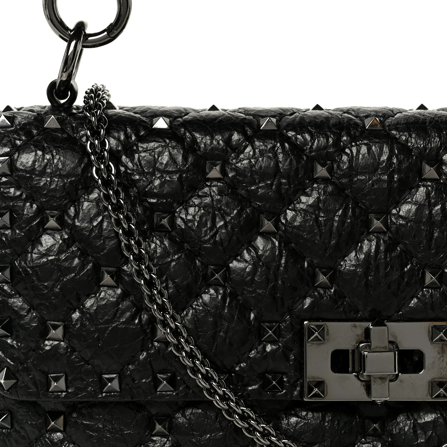 Craquele Nappa Medium Rockstud Spike Shoulder Bag Black - Image 8