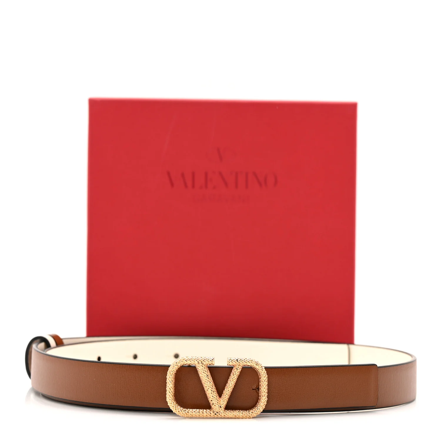 Glossy Calfskin Hammered VLogo Reversible 20mm Belt 80 32 Saddle Brown Ivory - Image 7
