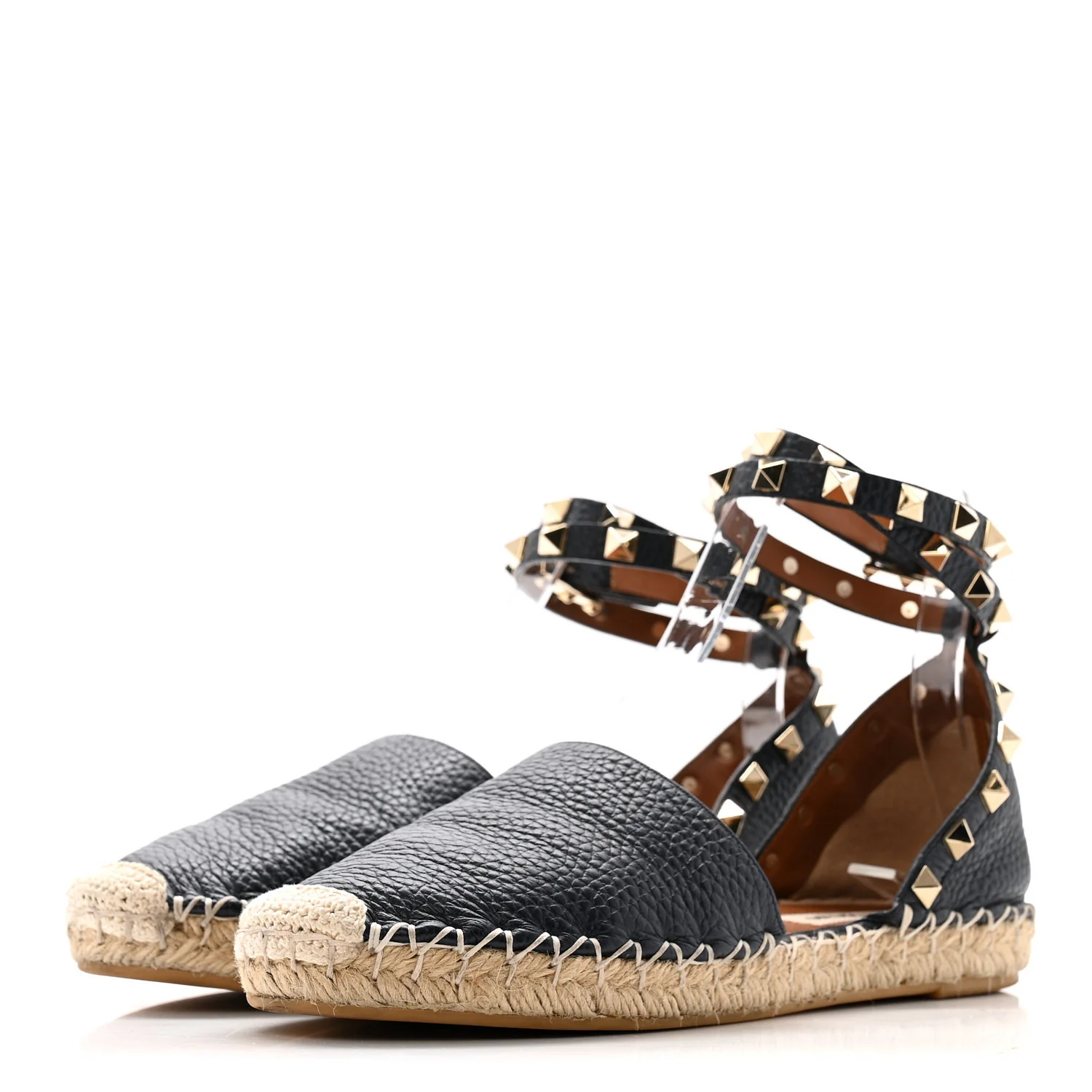Grained Calfskin Rockstud Ankle Wrap Espadrille 20mm Flats 35 Navy - Image 4