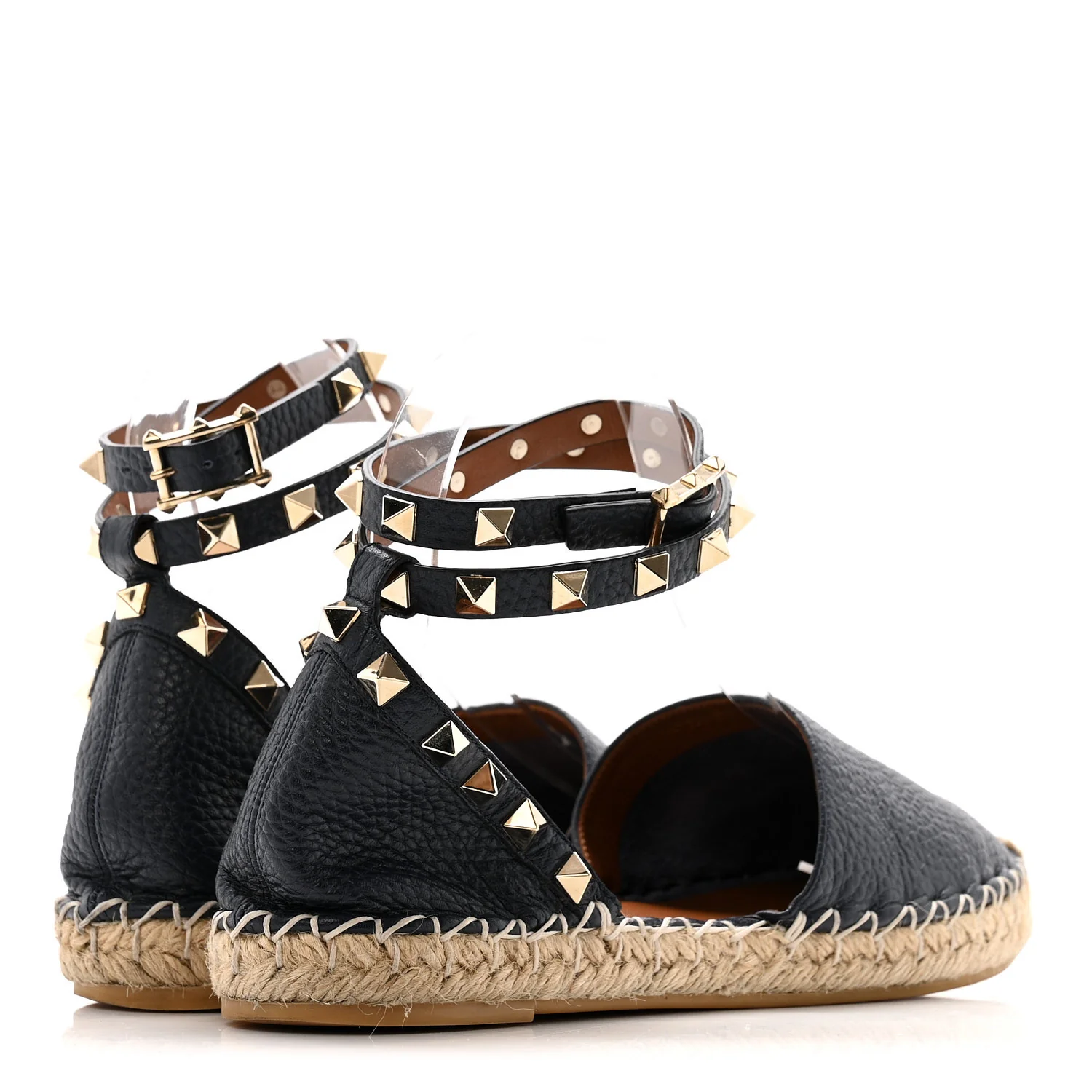 Grained Calfskin Rockstud Ankle Wrap Espadrille 20mm Flats 35 Navy - Image 5