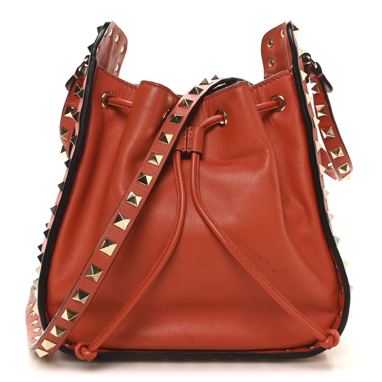 Grained Calfskin Rockstud Bucket Bag Orange