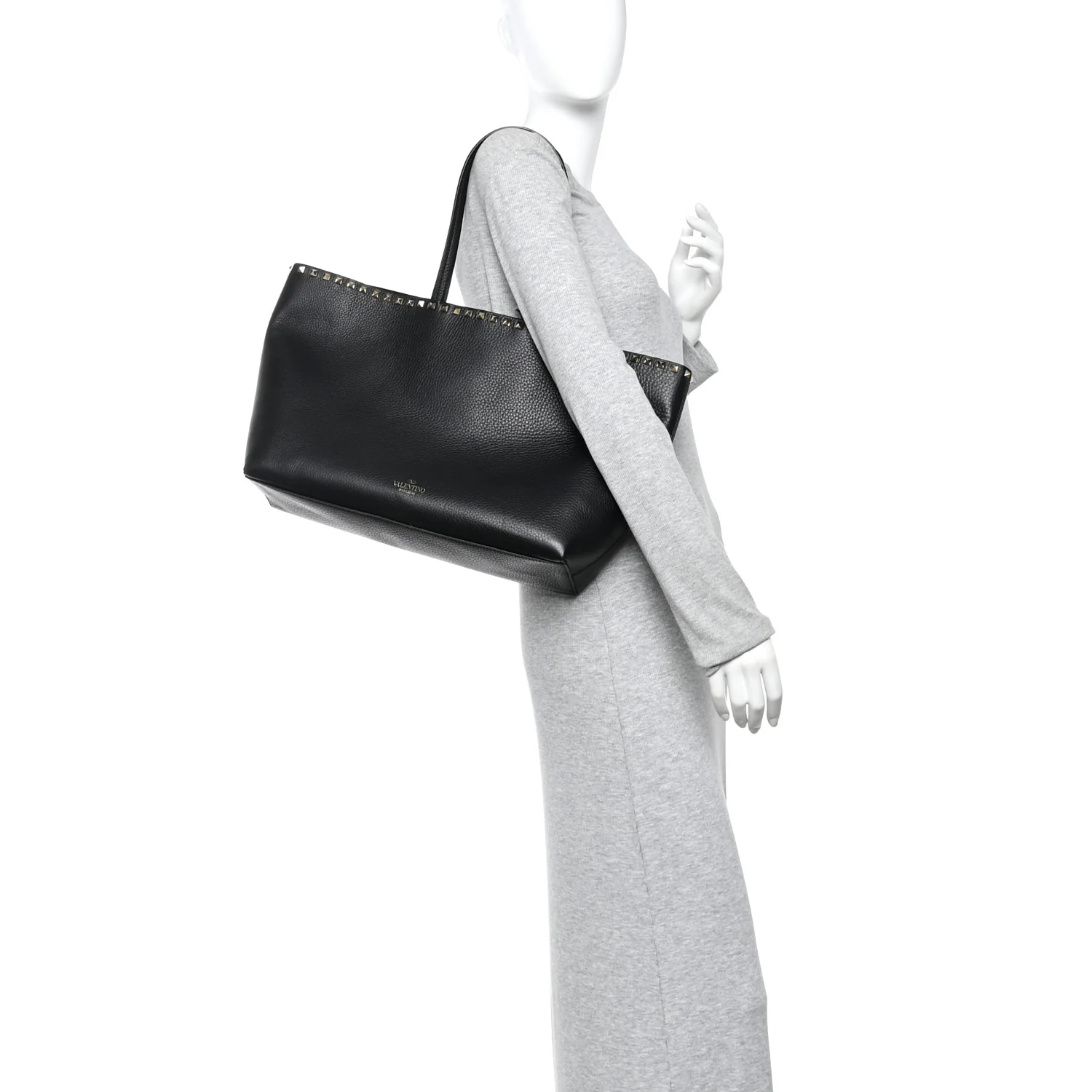 Grained Calfskin Rockstud Shoulder Tote Black - Image 2