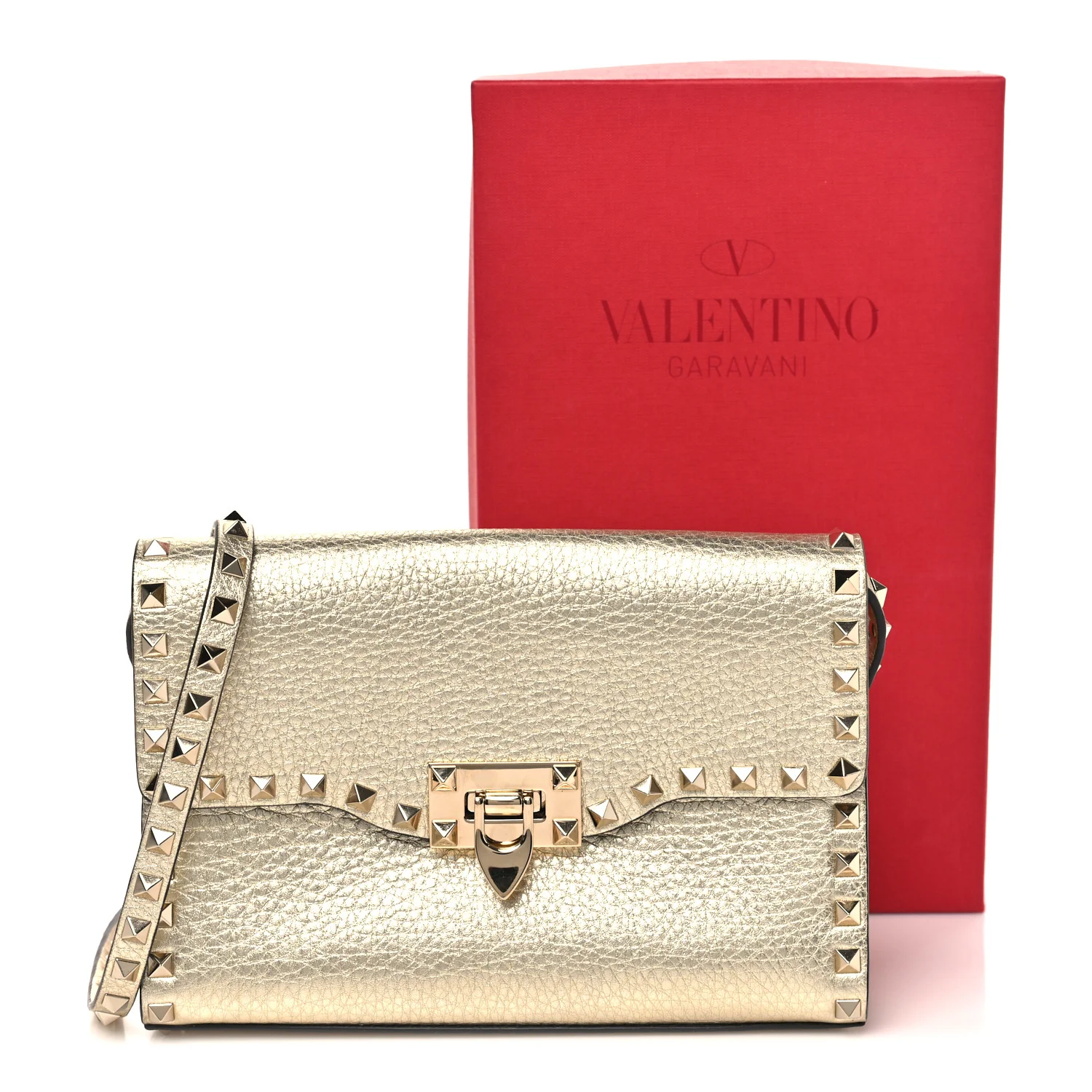 Metallic Pebbled Calfskin Medium Rockstud Flip Lock Crossbody Bag Platino - Image 10