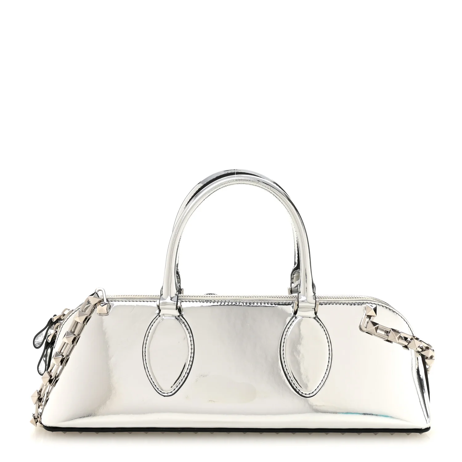 Mirror Calfskin Rockstud East West Top Handle Bag Silver