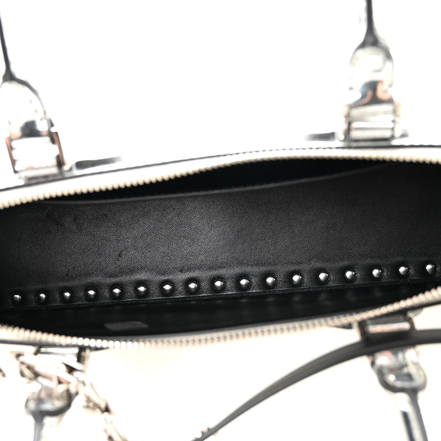 Mirror Calfskin Rockstud East West Top Handle Bag Silver - Image 4