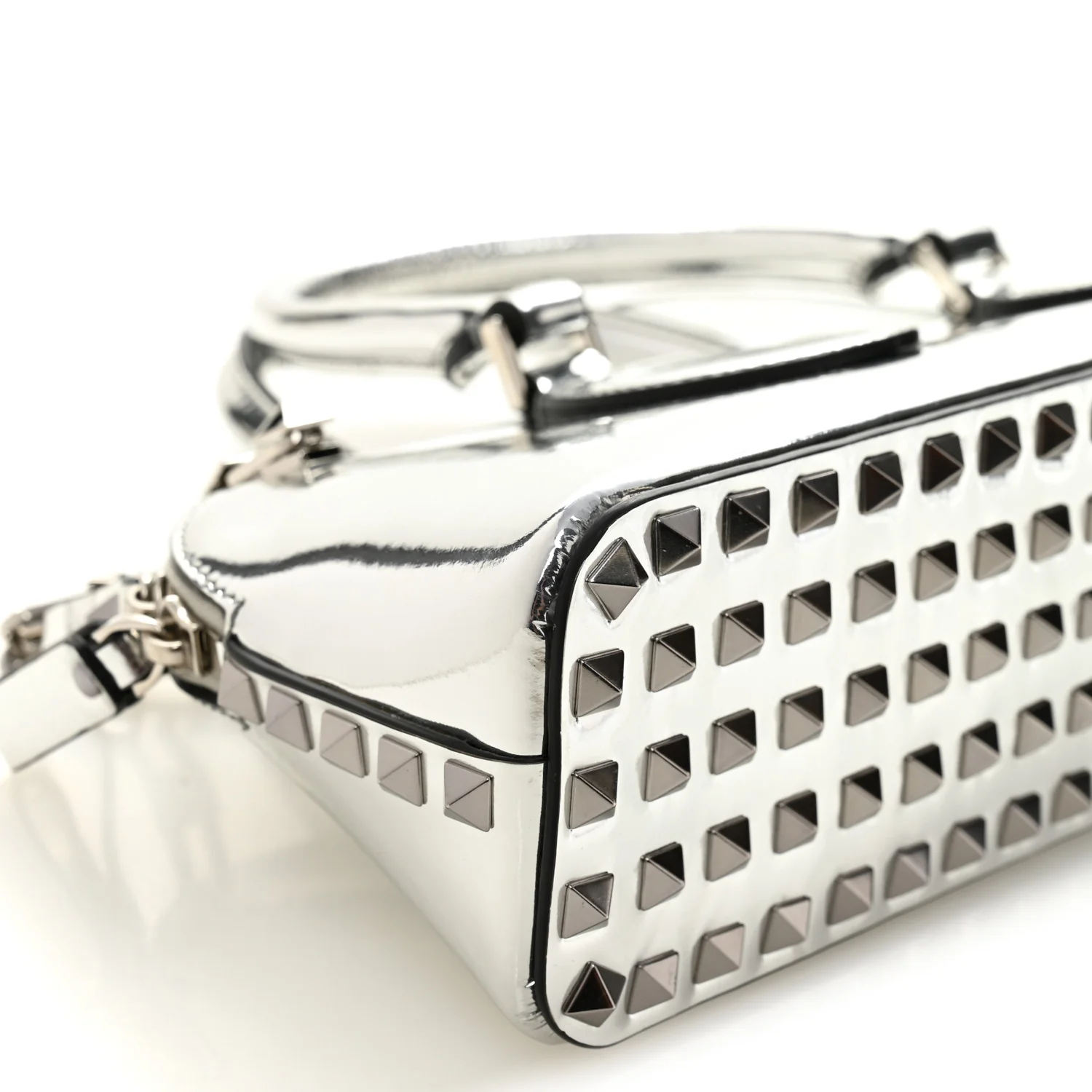 Mirror Calfskin Rockstud East West Top Handle Bag Silver - Image 7