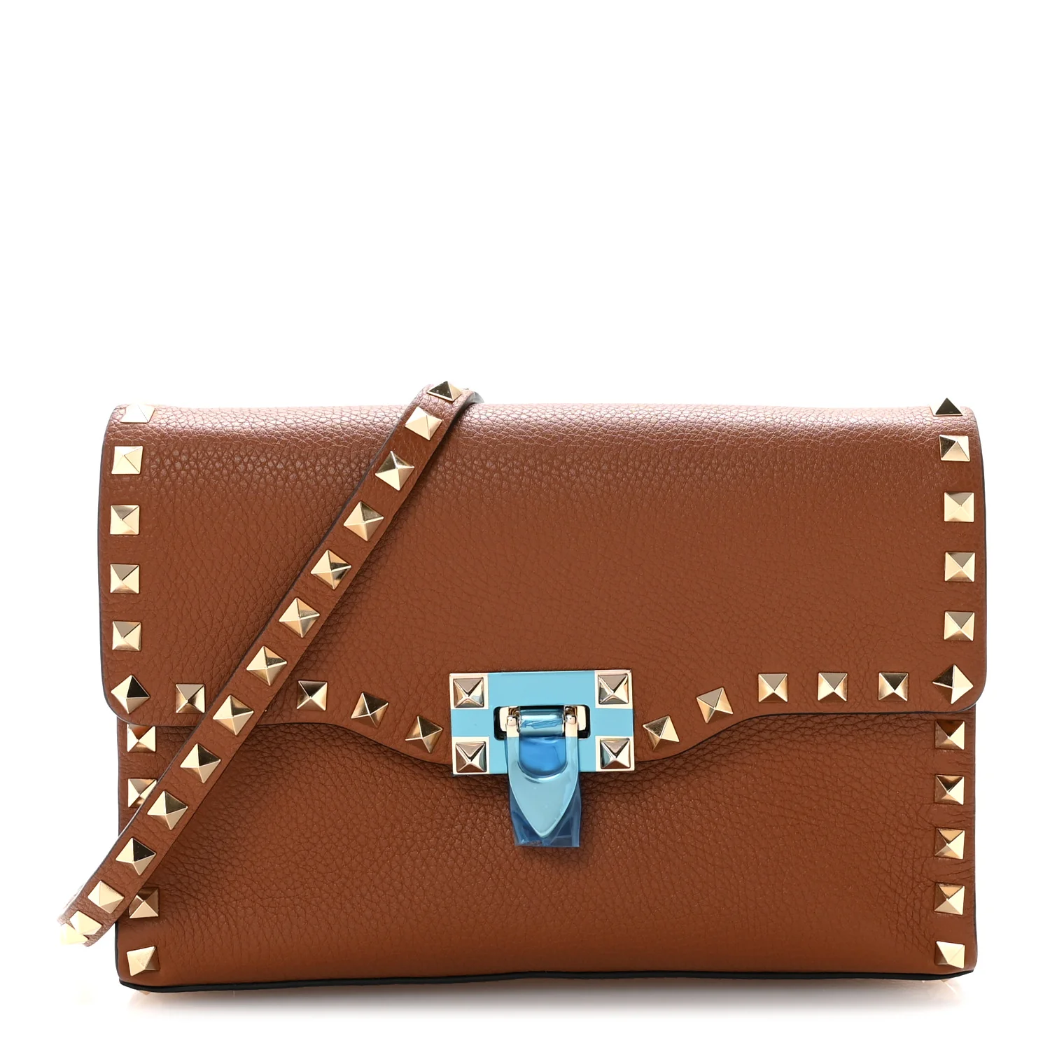 Pebbled Calfskin Medium Rockstud Flip Lock Crossbody Bag Saddle Brown
