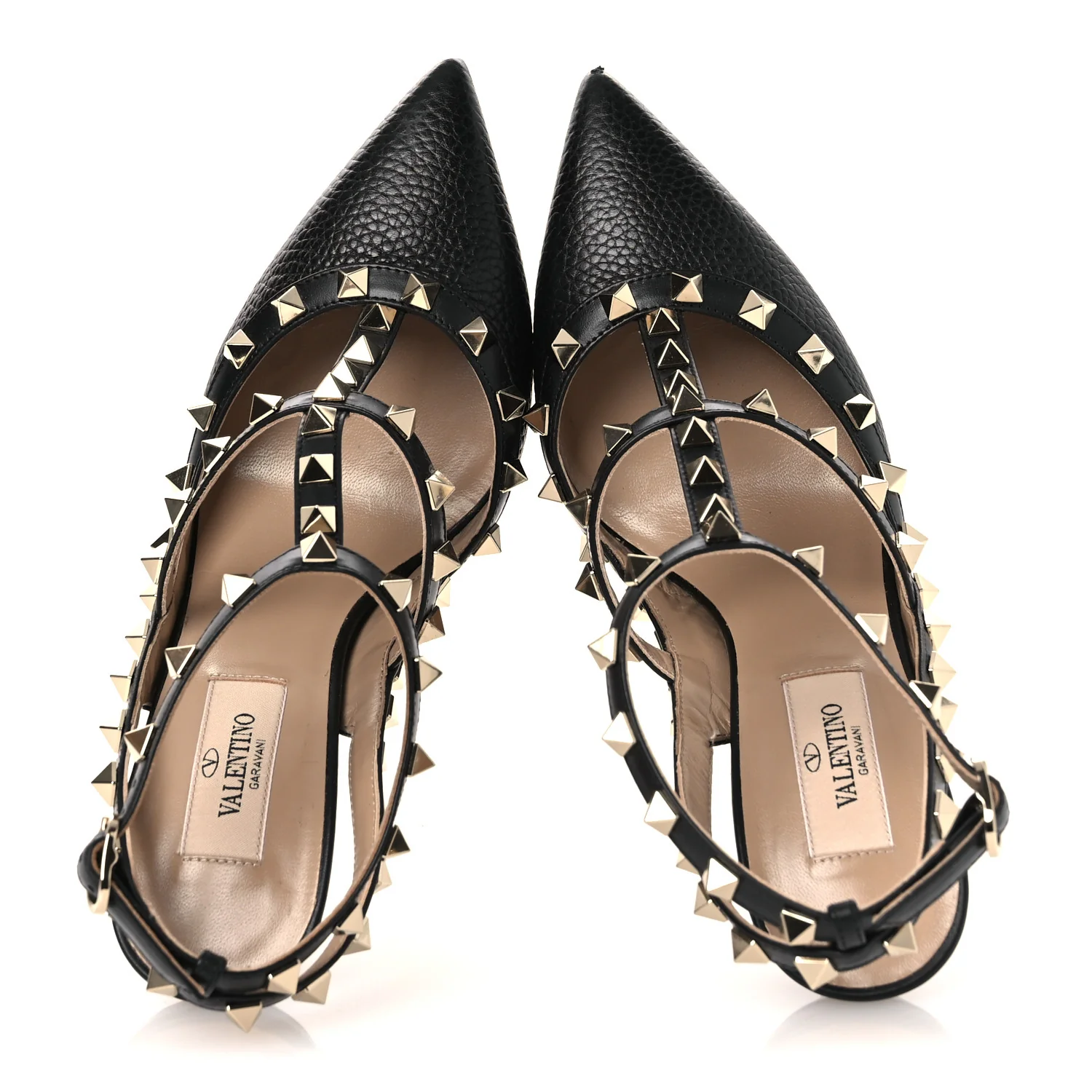Pebbled Calfskin Rockstud Ankle Strap 100mm Pumps 37.5 Black - Image 2