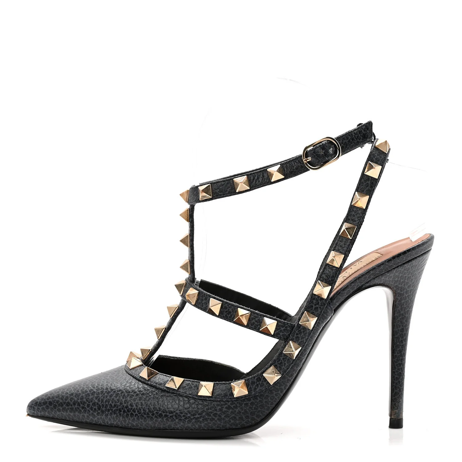 Pebbled Calfskin Rockstud Ankle Strap 100mm Pumps 37.5 Deep Denim