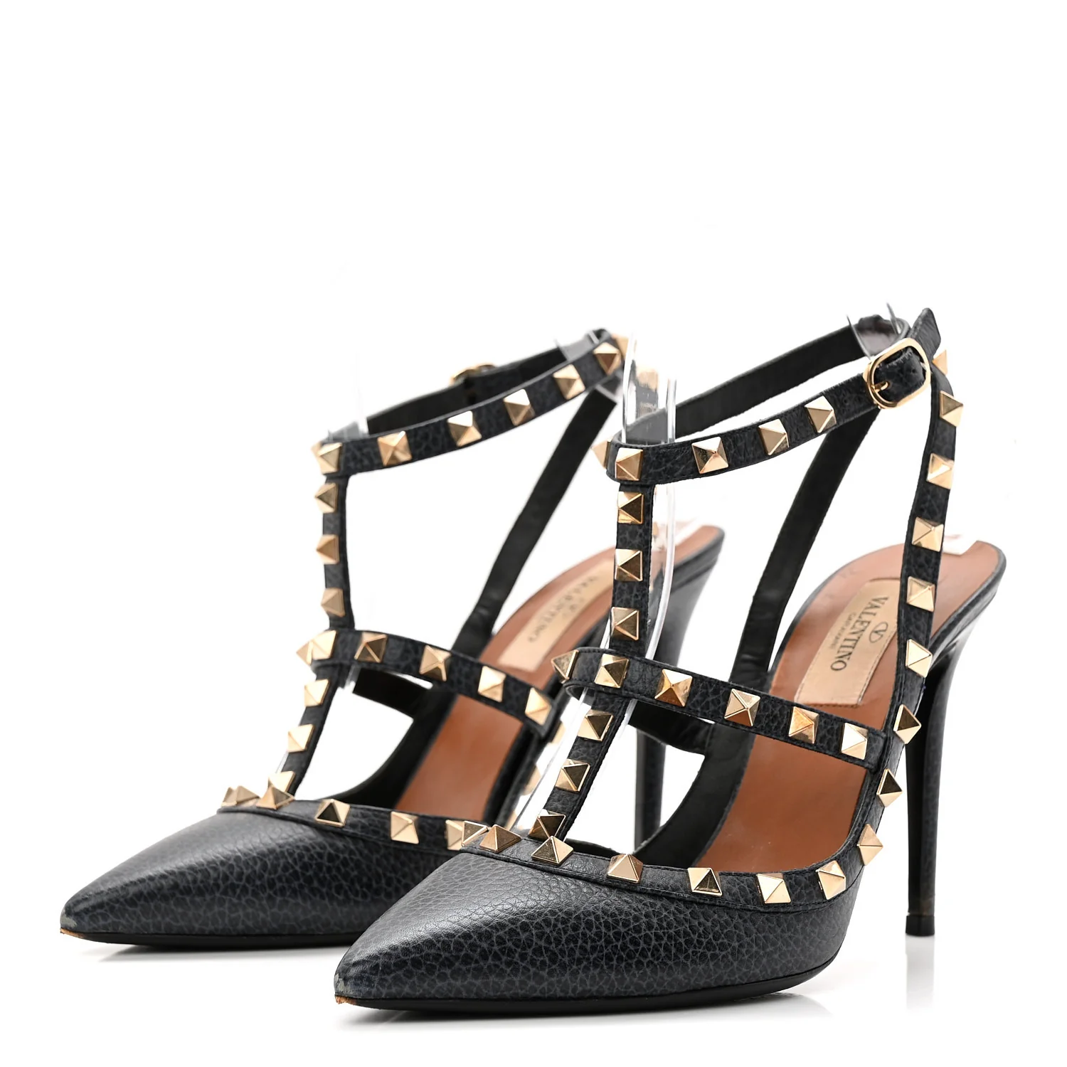 Pebbled Calfskin Rockstud Ankle Strap 100mm Pumps 37.5 Deep Denim - Image 3