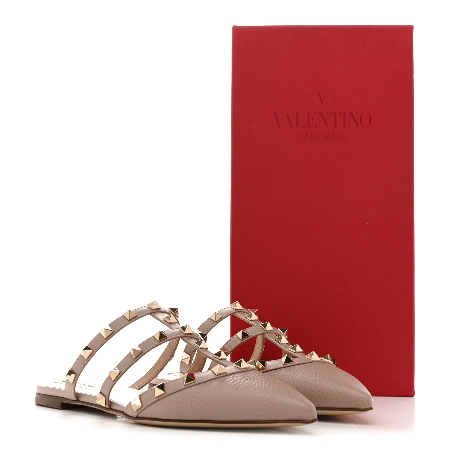 Pebbled Calfskin Rockstud Flat Cage Mules 36.5 Poudre - Image 10