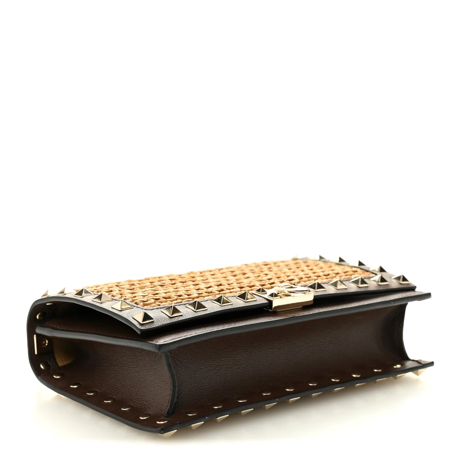 Raffia Calfskin Rockstud Wallet On Chain Pouch Natural Brown - Image 4