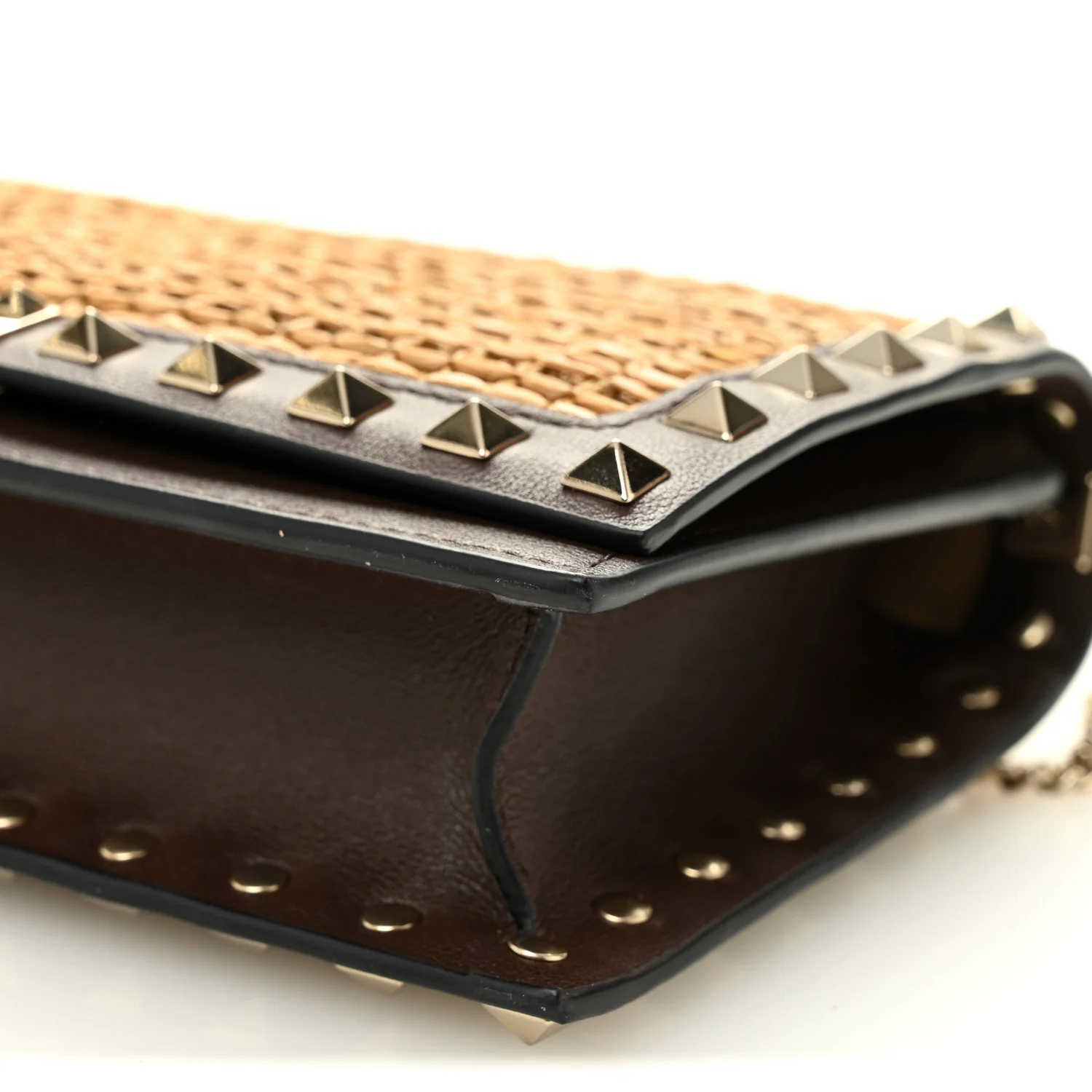 Raffia Calfskin Rockstud Wallet On Chain Pouch Natural Brown - Image 9