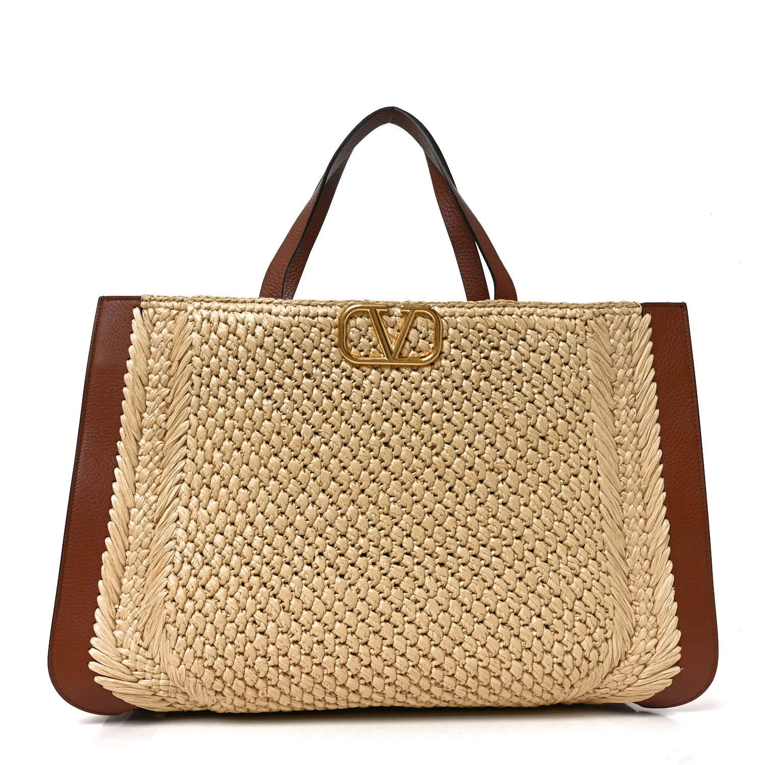 Raffia Calfskin Vlogo Tote Naturale Saddle Brown