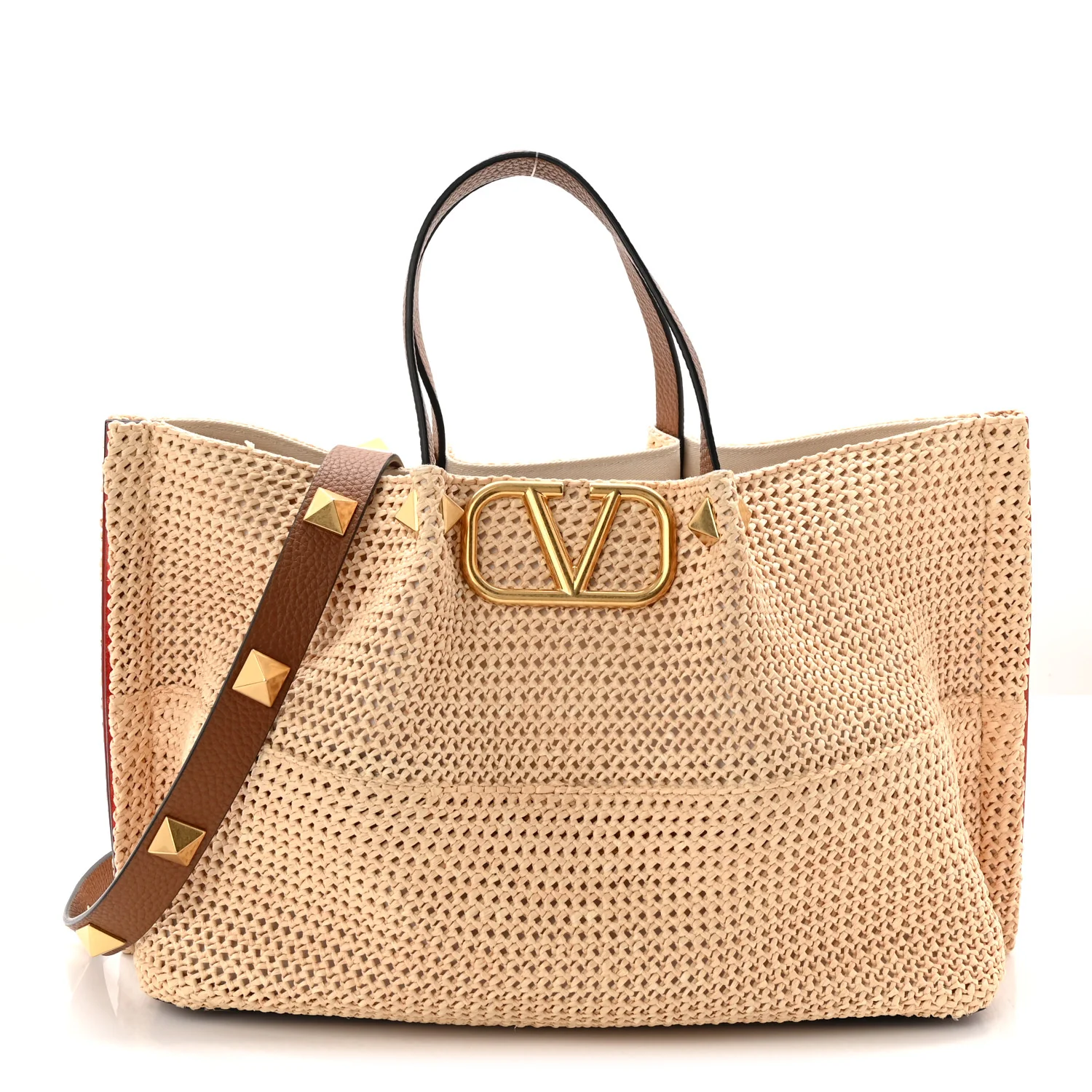 Raffia Grained Calfskin Medium Rockstud Vlogo Tote Naturale