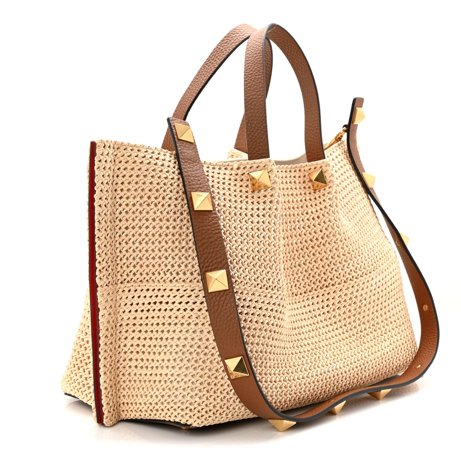 Raffia Grained Calfskin Medium Rockstud Vlogo Tote Naturale - Image 4