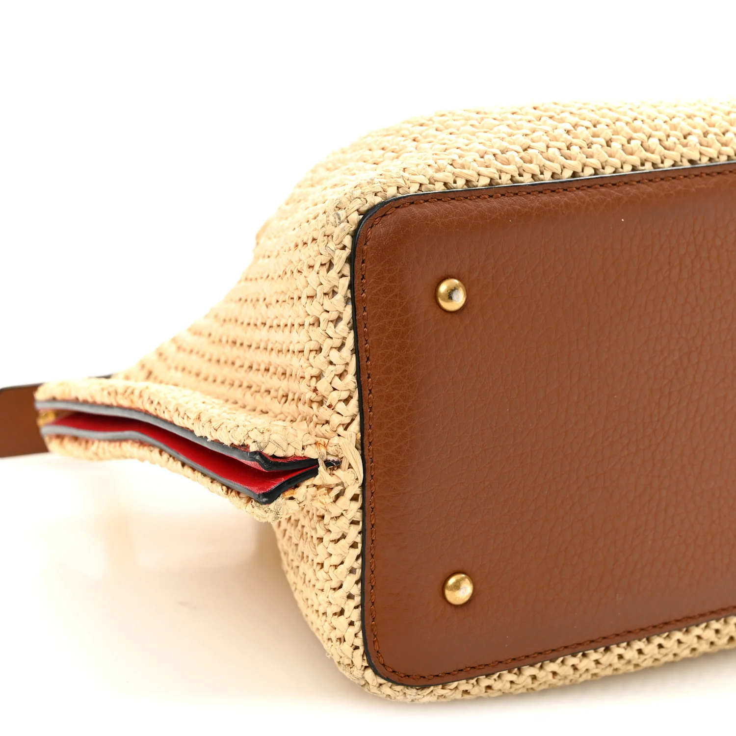 Raffia Grained Calfskin Small Rockstud Vlogo Tote Naturale - Image 8