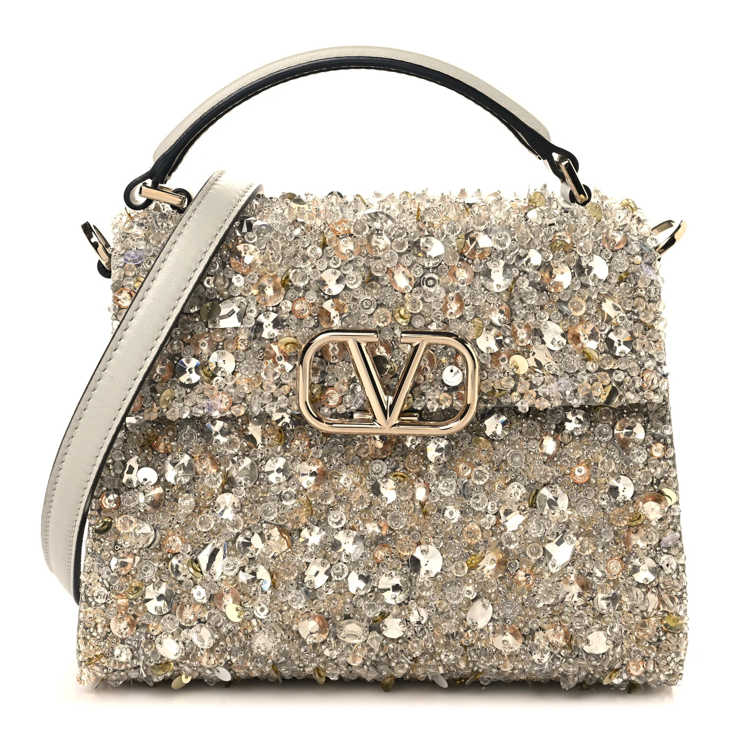 Sequin Crystal Embroidered Mini Vsling Top Handle Bag Silver Opal Grey