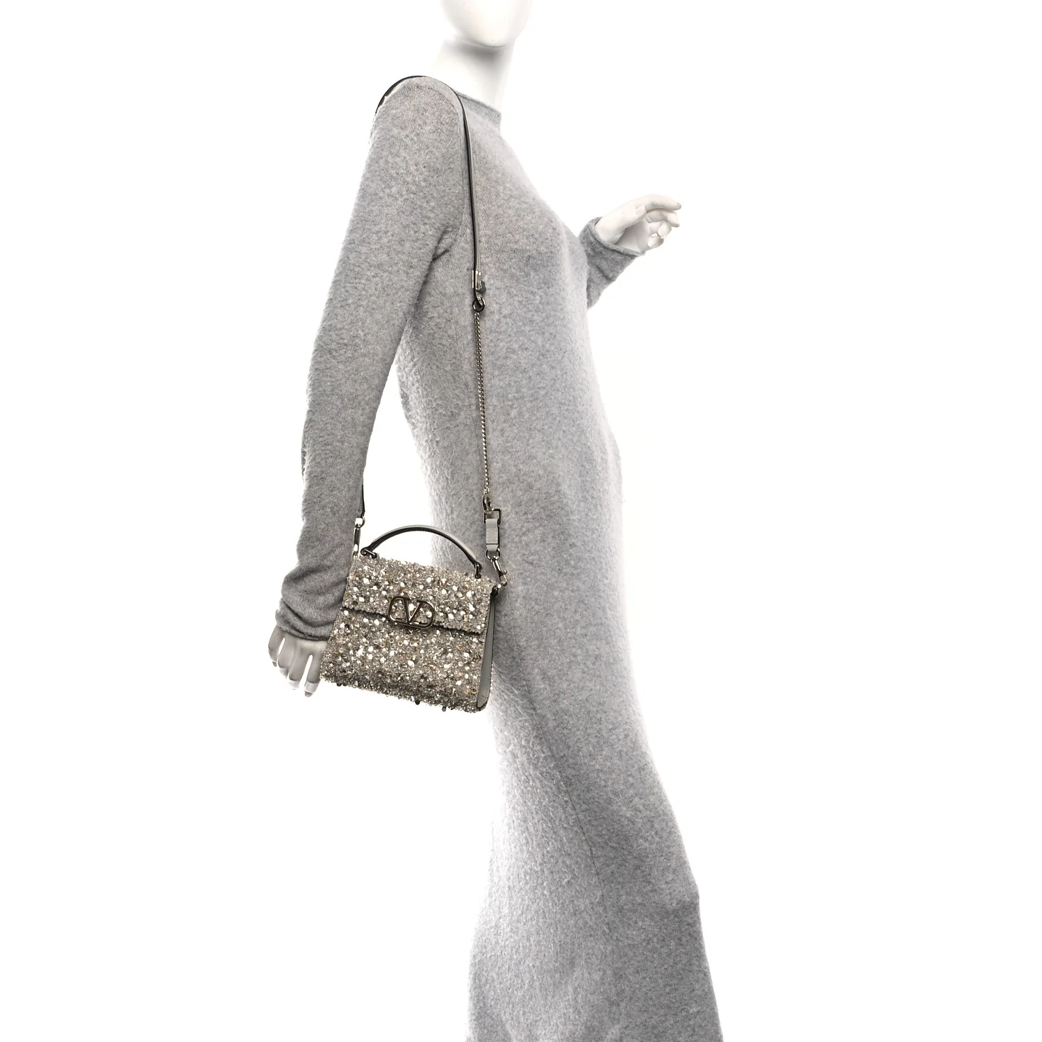 Sequin Crystal Embroidered Mini Vsling Top Handle Bag Silver Opal Grey - Image 2