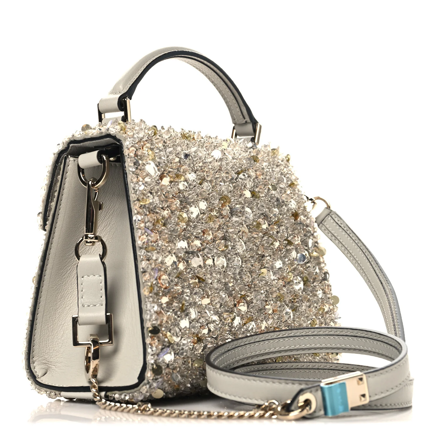 Sequin Crystal Embroidered Mini Vsling Top Handle Bag Silver Opal Grey - Image 3
