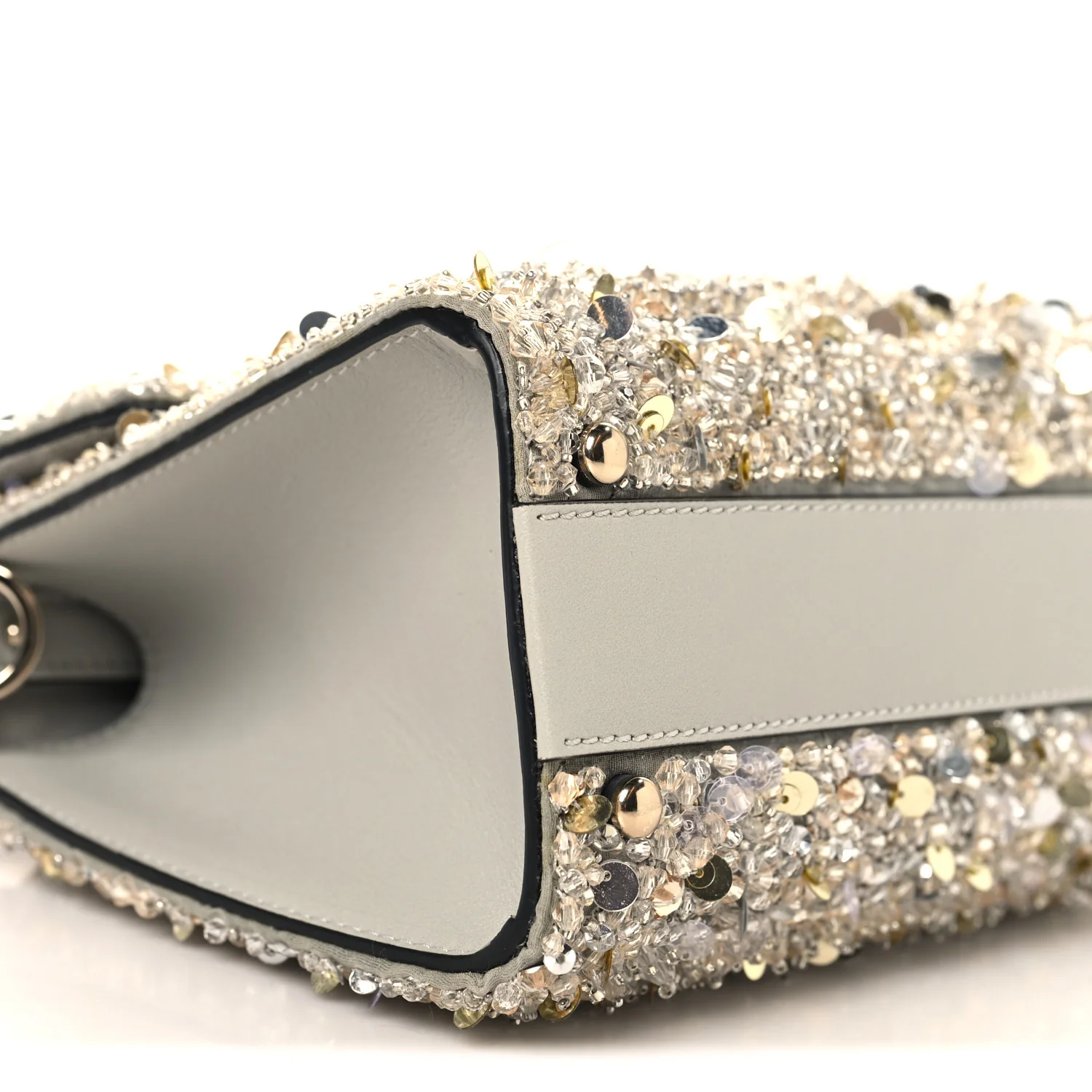 Sequin Crystal Embroidered Mini Vsling Top Handle Bag Silver Opal Grey - Image 8