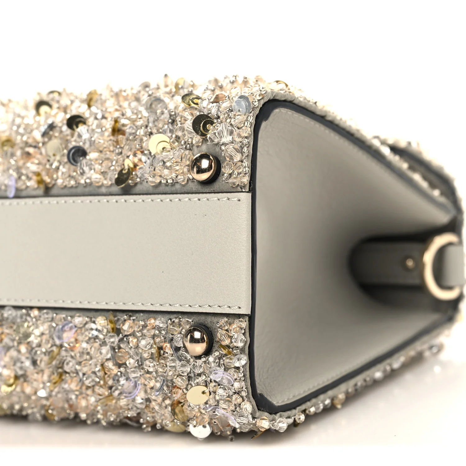 Sequin Crystal Embroidered Mini Vsling Top Handle Bag Silver Opal Grey - Image 9