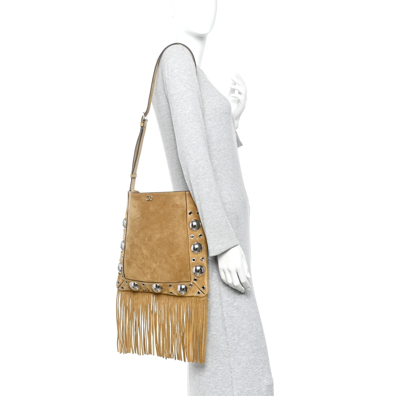 Suede Studded Nellcote Fringe Shoulder Bag Havana Beige - Image 2