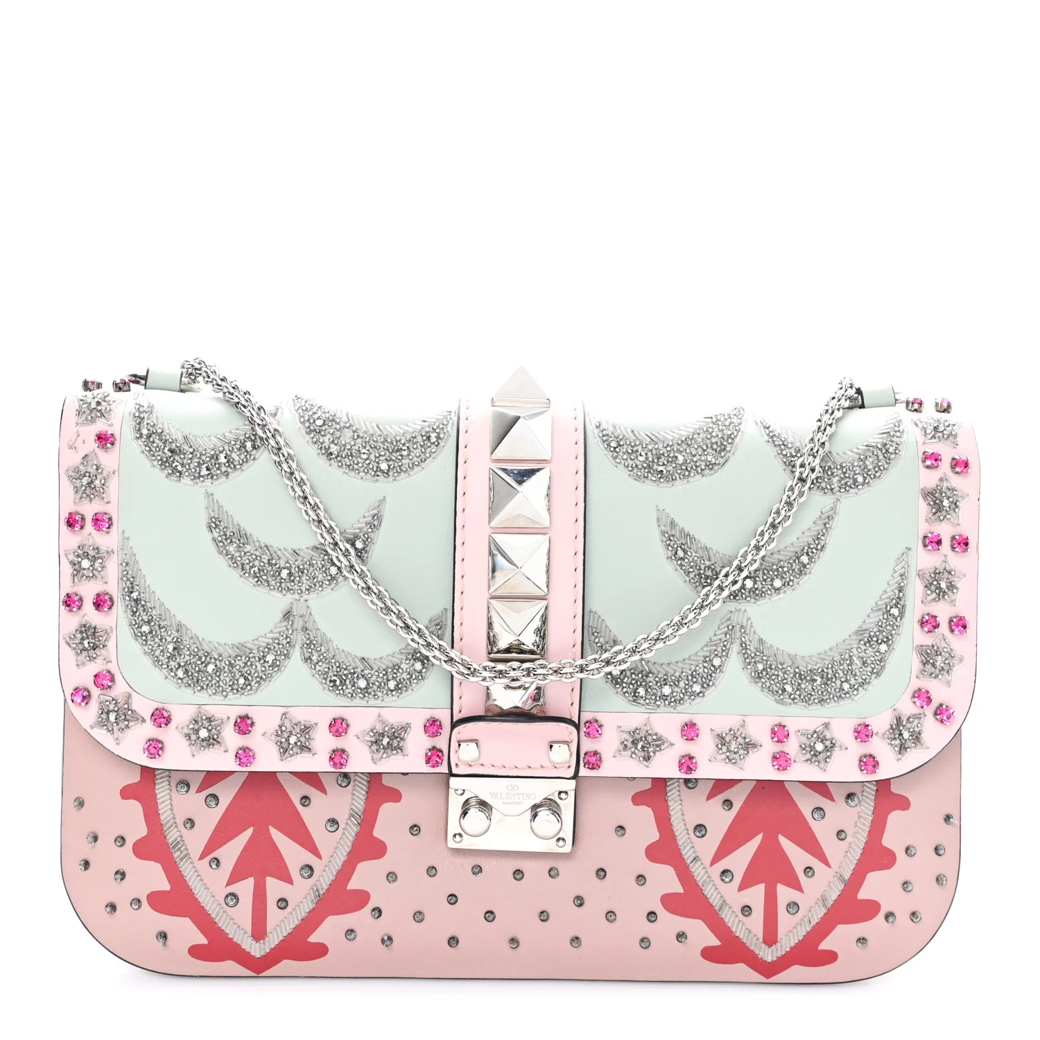 Vitello Crystal Embellished Medium Glam Lock Rockstud Flap Poudre