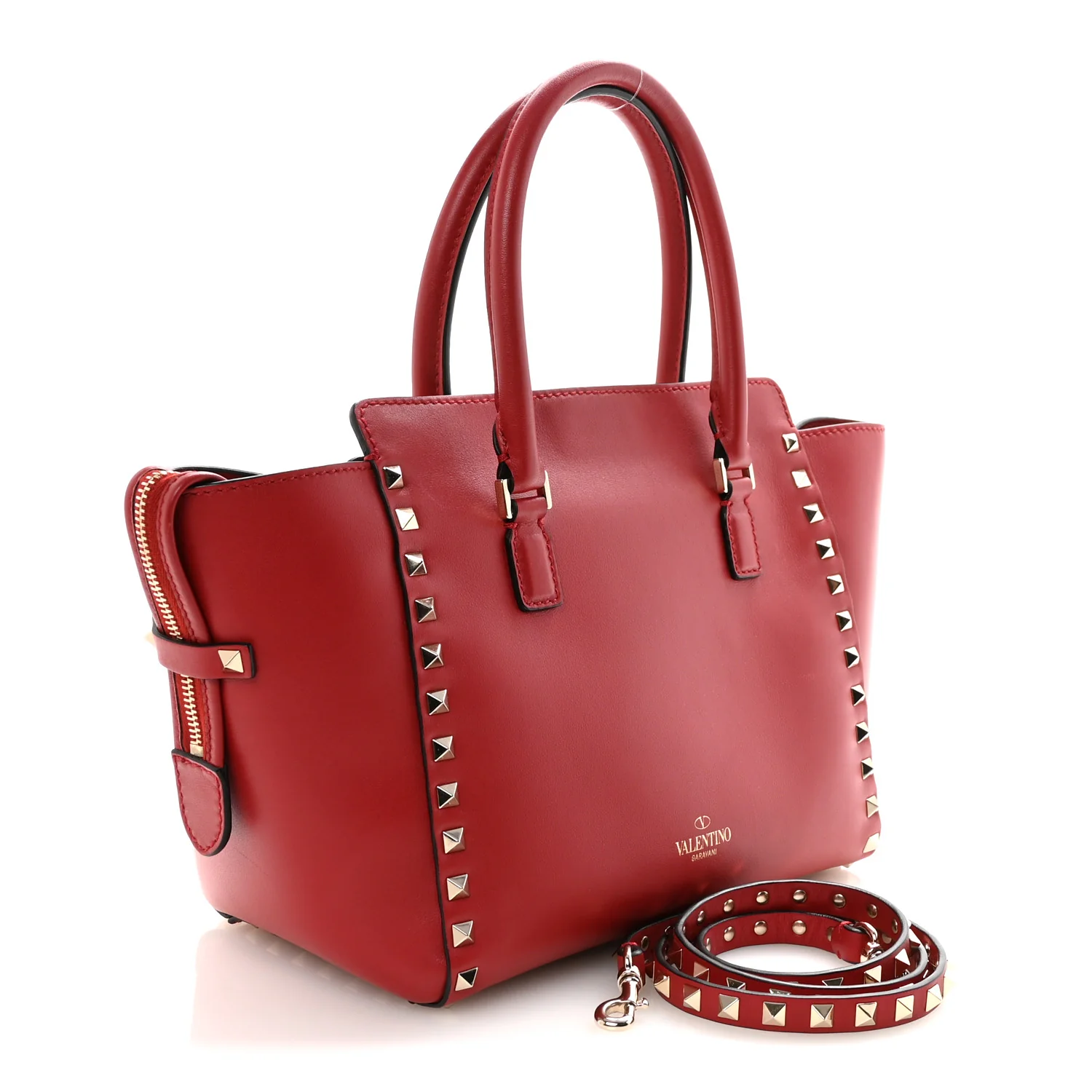 Vitello Small Rockstud Double Handle Tote Rosso Valentino - Image 3