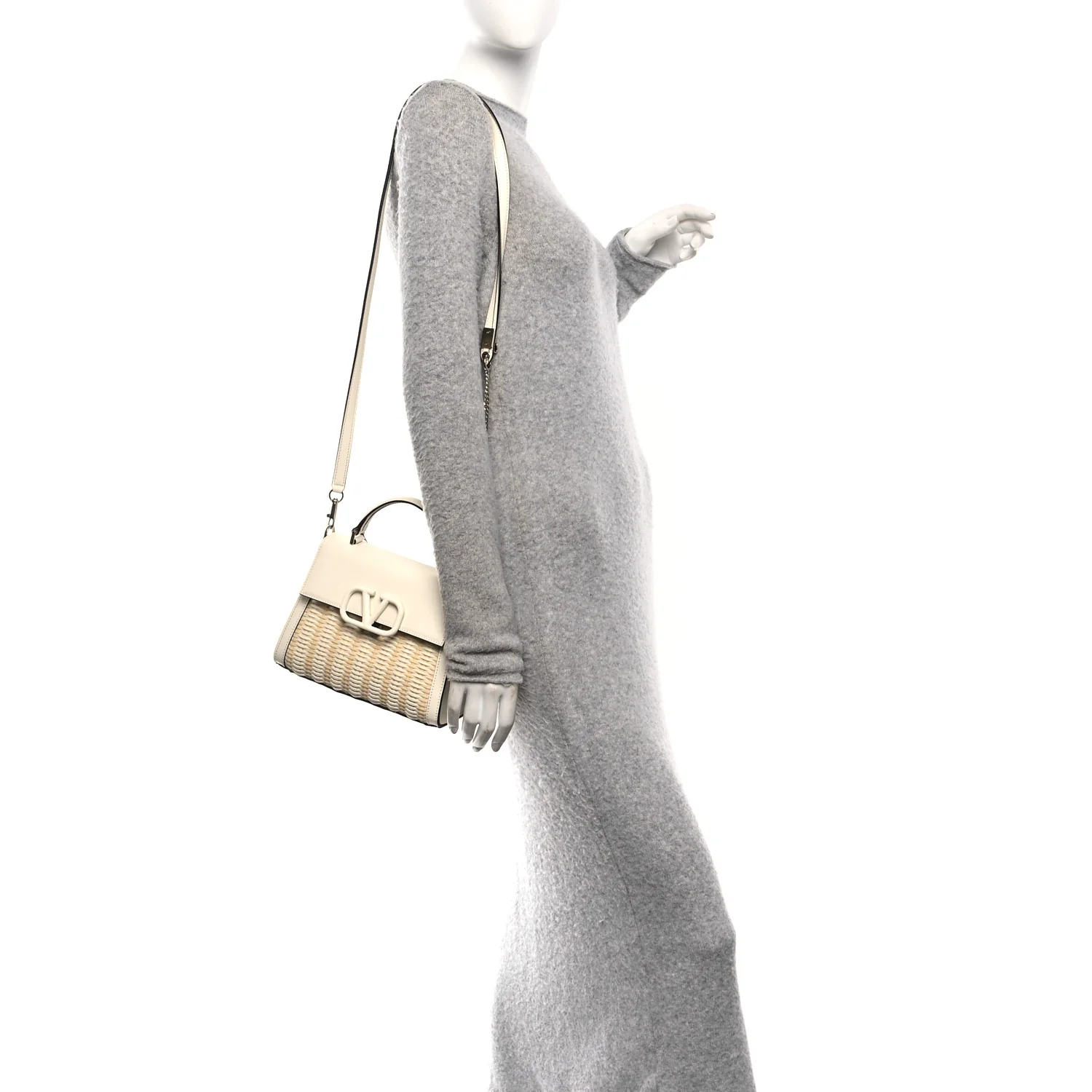 Wicker Calfskin Small VSling Top Handle Bag Natural White - Image 2