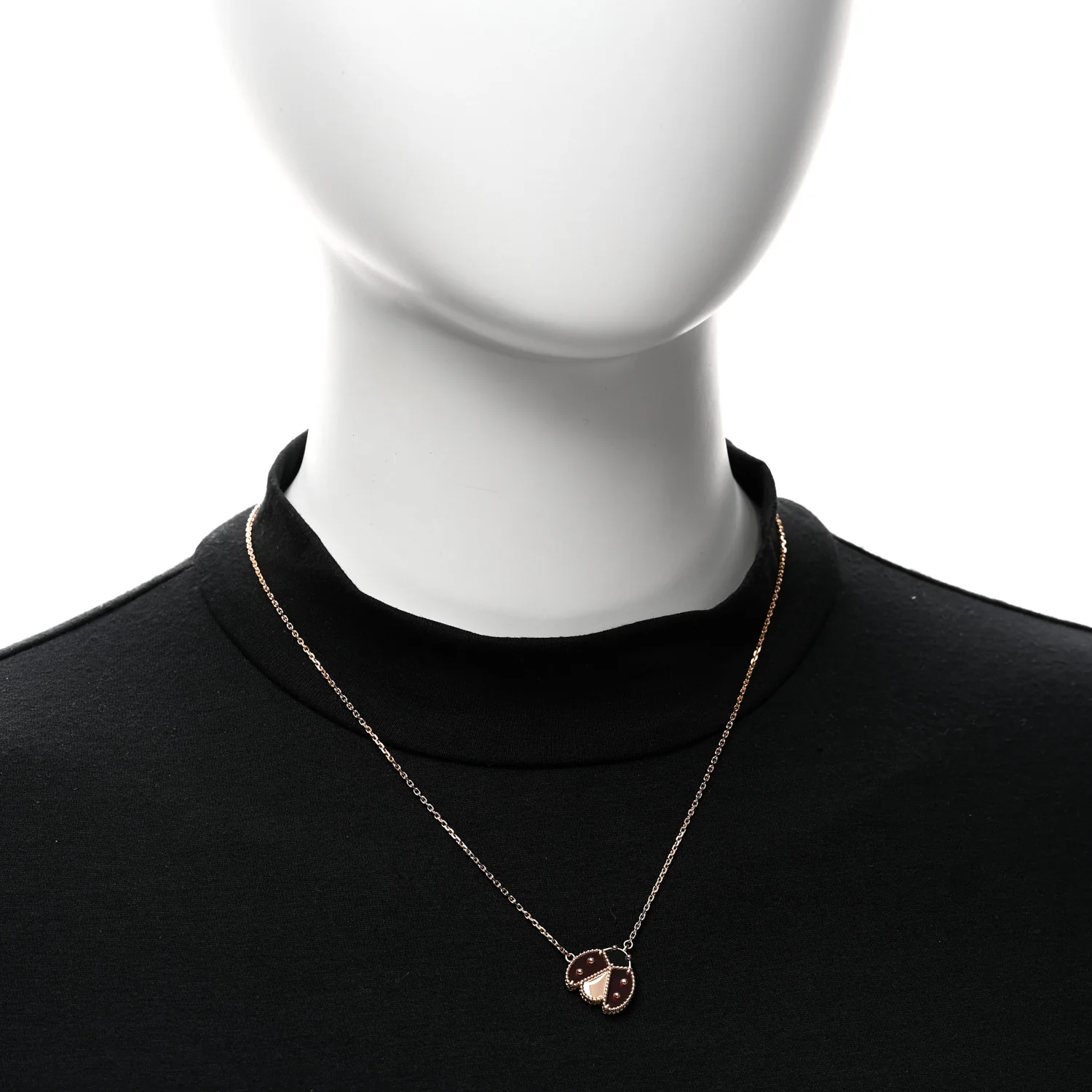 18K Rose Gold Carnelian Black Onyx Lucky Spring Open Wings Lady Bug Pendant Necklace - Image 2