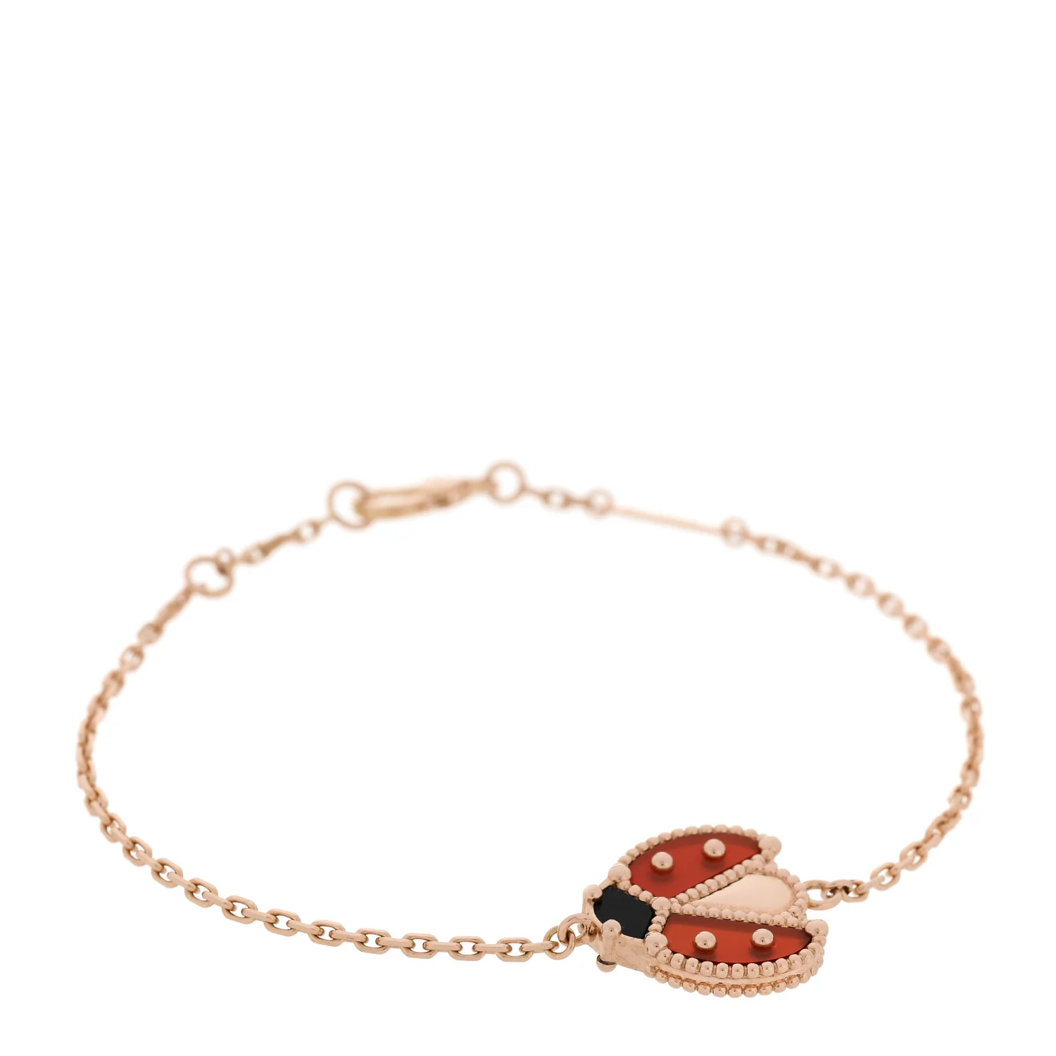18K Rose Gold Carnelian Onyx Lucky Spring Open Wing Lady Bug Bracelet