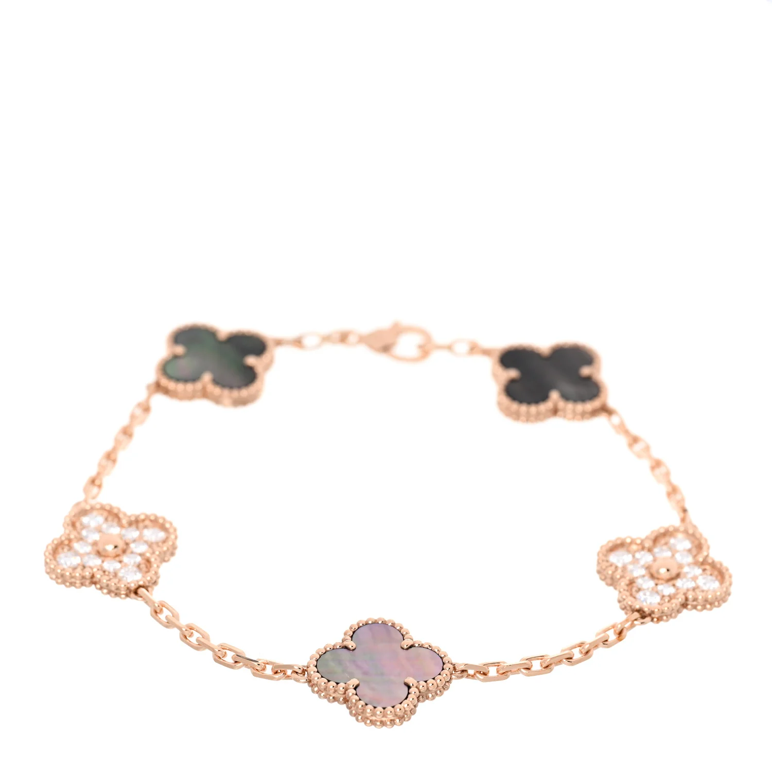 18K Rose Gold Diamond Gray Mother of Pearl 5 Motifs Vintage Alhambra Bracelet