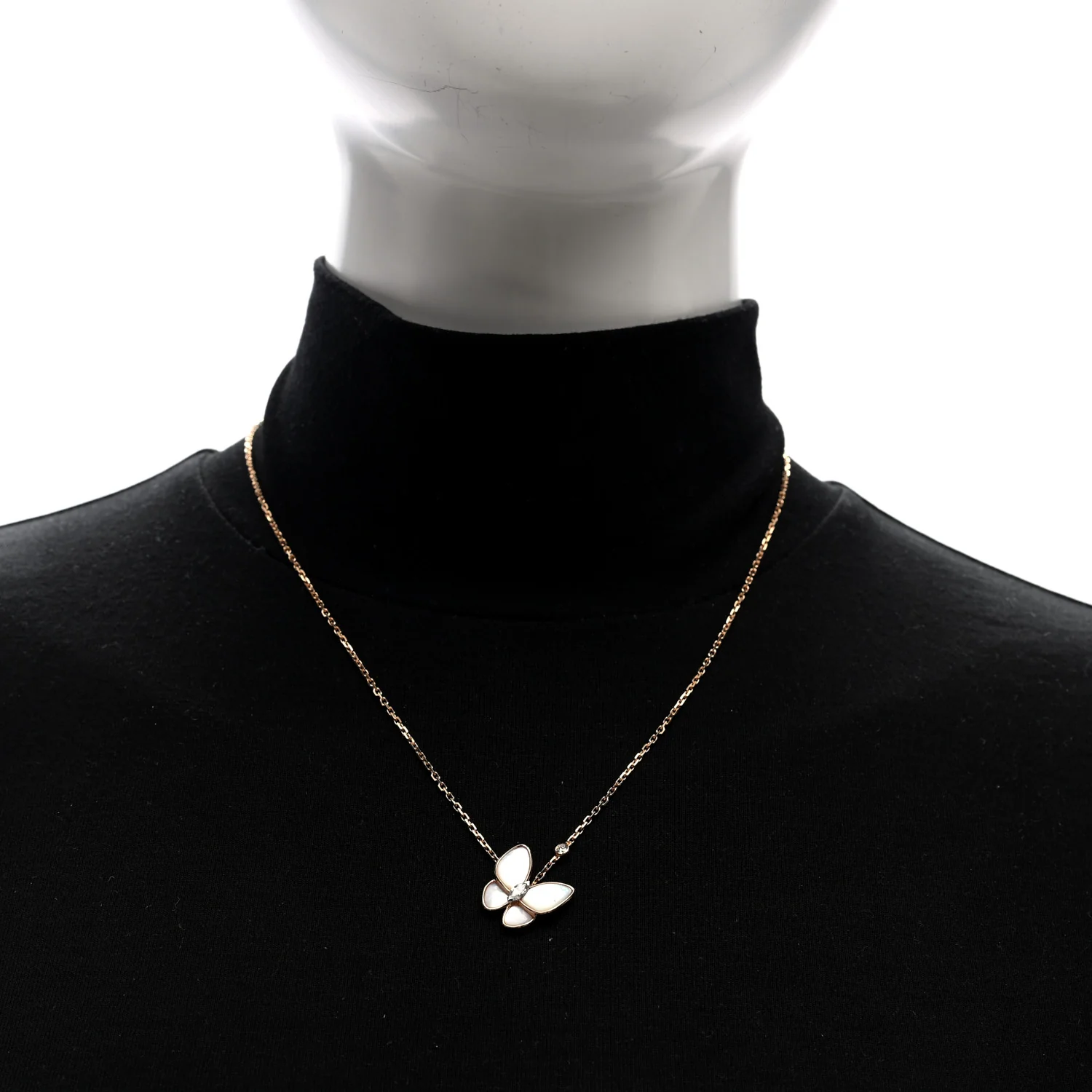18K Rose Gold Diamond Mother of Pearl Two Butterfly Pendant Necklace - Image 2