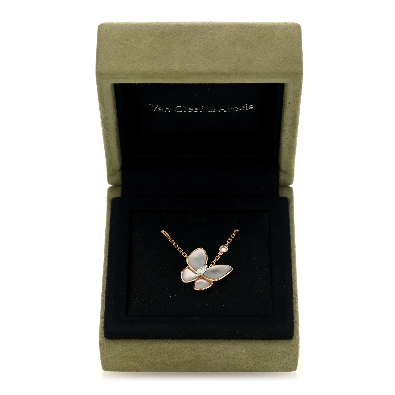 18K Rose Gold Diamond Mother of Pearl Two Butterfly Pendant Necklace - Image 5
