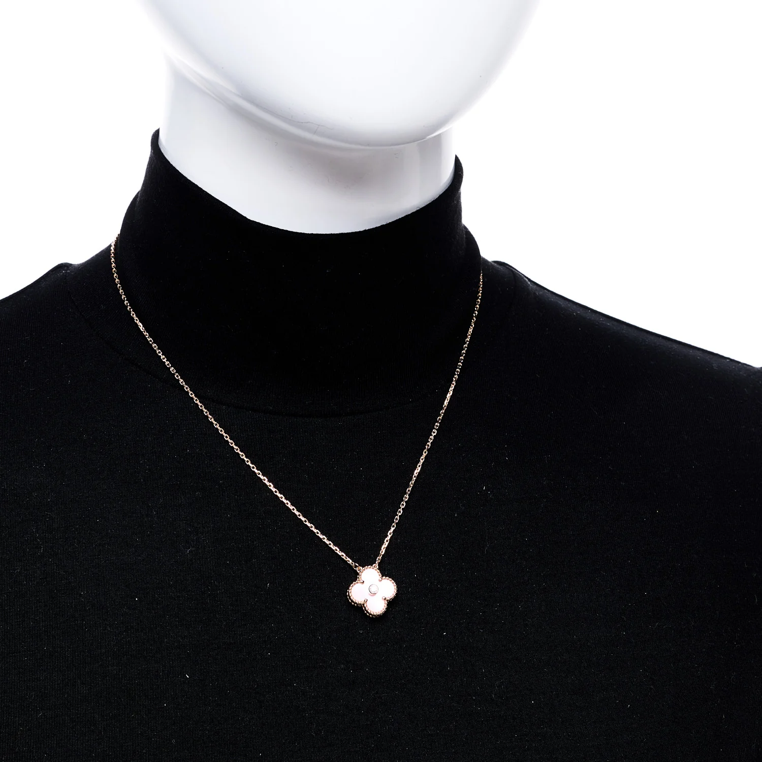18K Rose Gold Diamond Pink Mother of Pearl Vintage Alhambra Pendant Necklace - Image 2