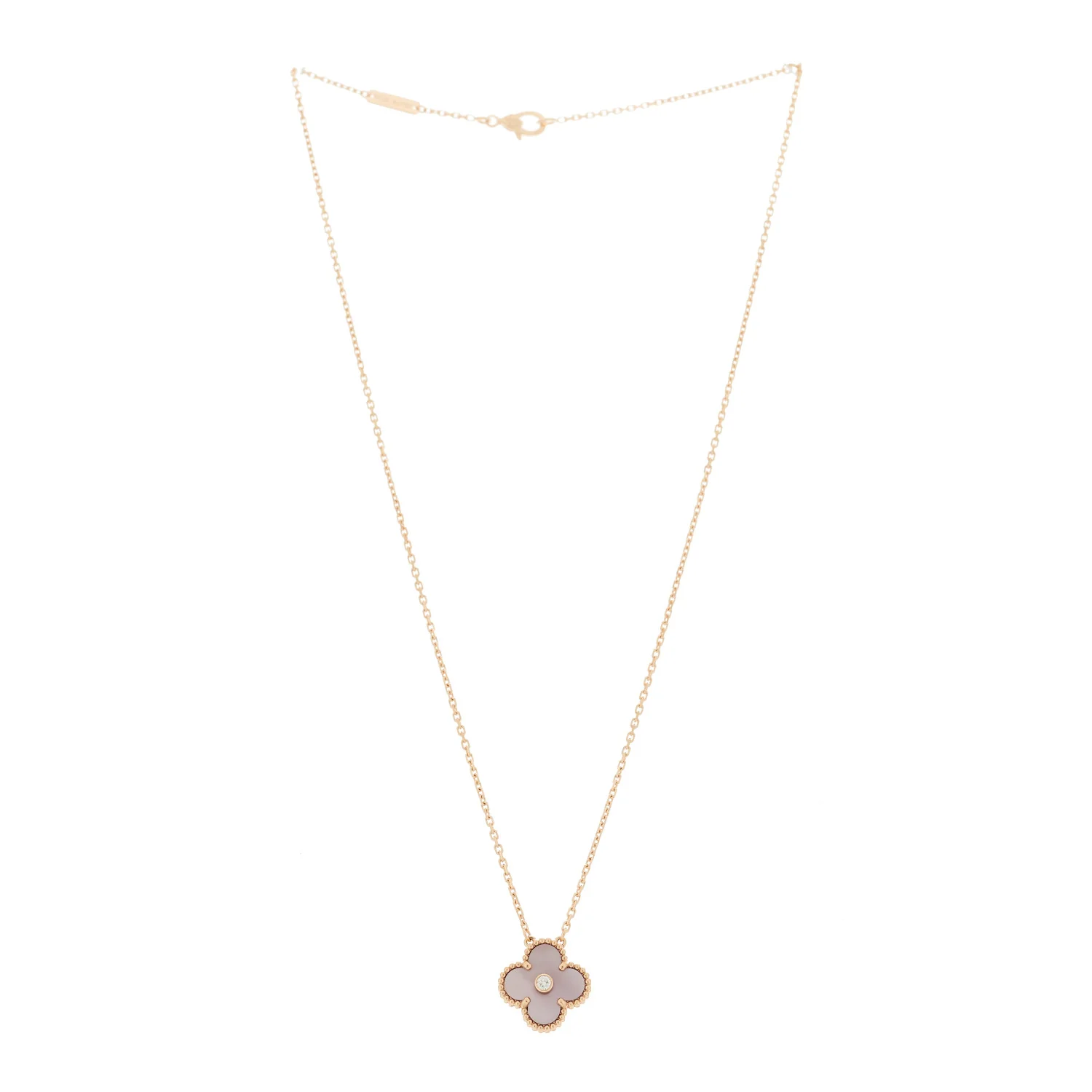 18K Rose Gold Diamond Pink Mother of Pearl Vintage Alhambra Pendant Necklace - Image 3