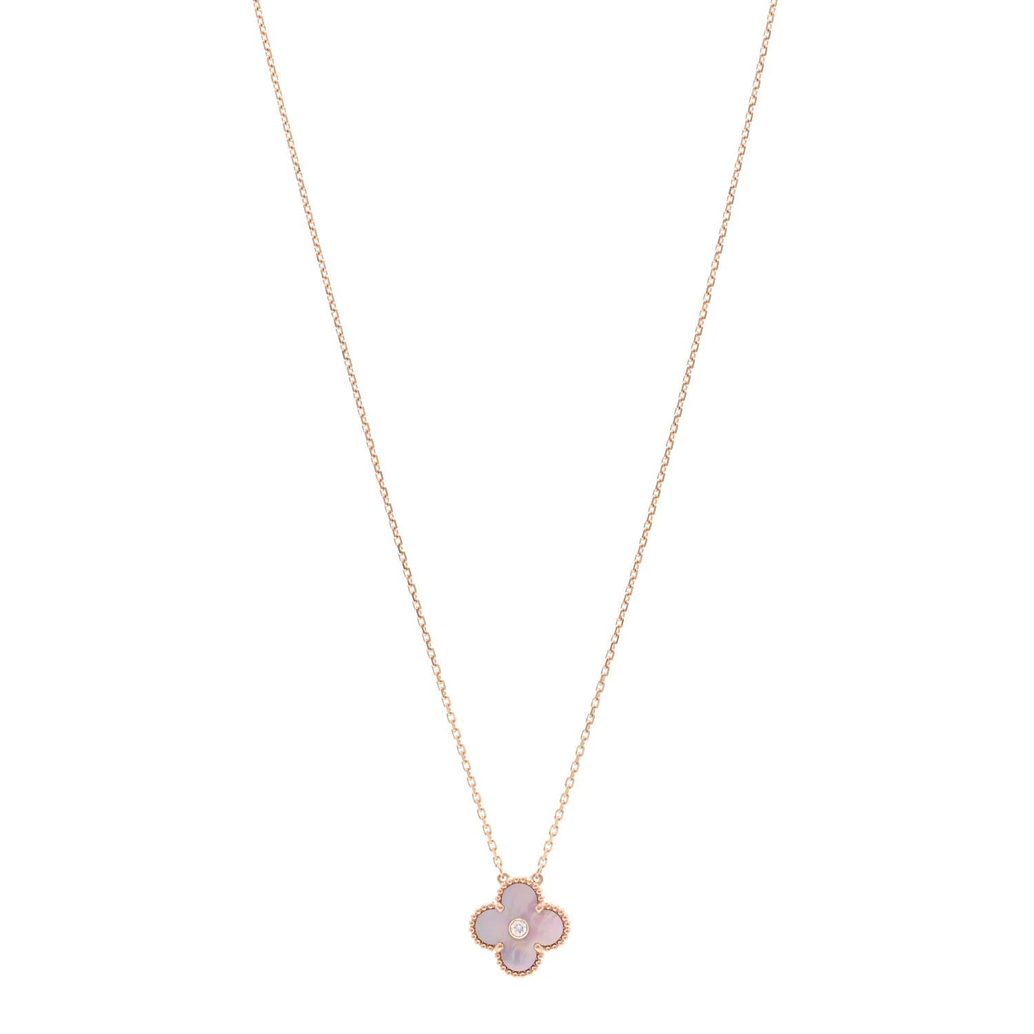 18K Rose Gold Diamond Pink Mother of Pearl Vintage Alhambra Pendant Necklace