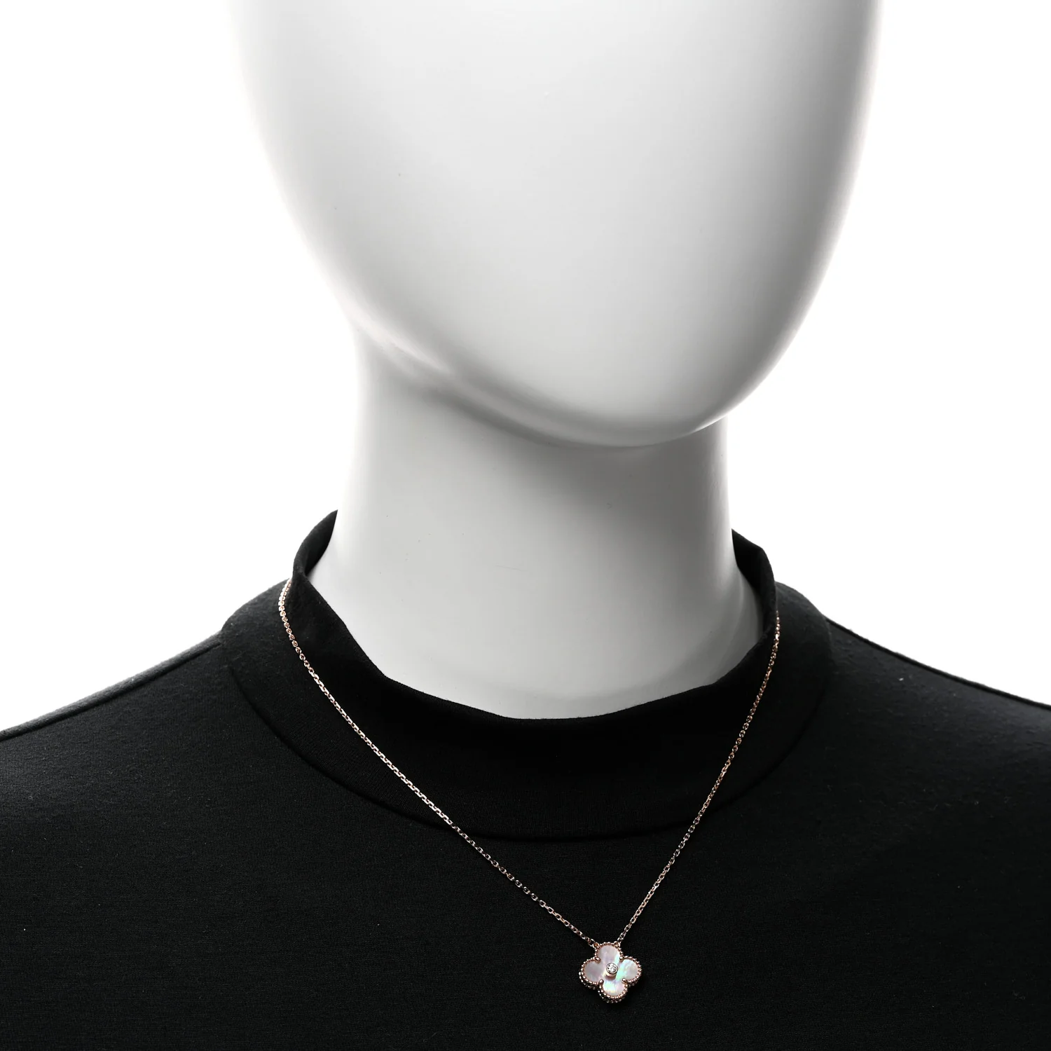 18K Rose Gold Diamond Pink Mother of Pearl Vintage Alhambra Pendant Necklace - Image 2