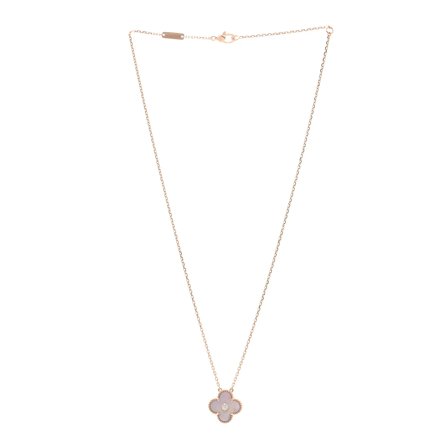 18K Rose Gold Diamond Pink Mother of Pearl Vintage Alhambra Pendant Necklace - Image 3
