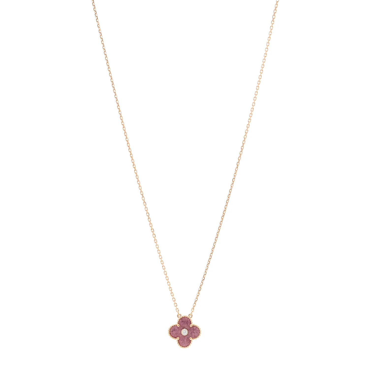 18K Rose Gold Diamond Rhodonite Vintage Alhambra Pendant Necklace