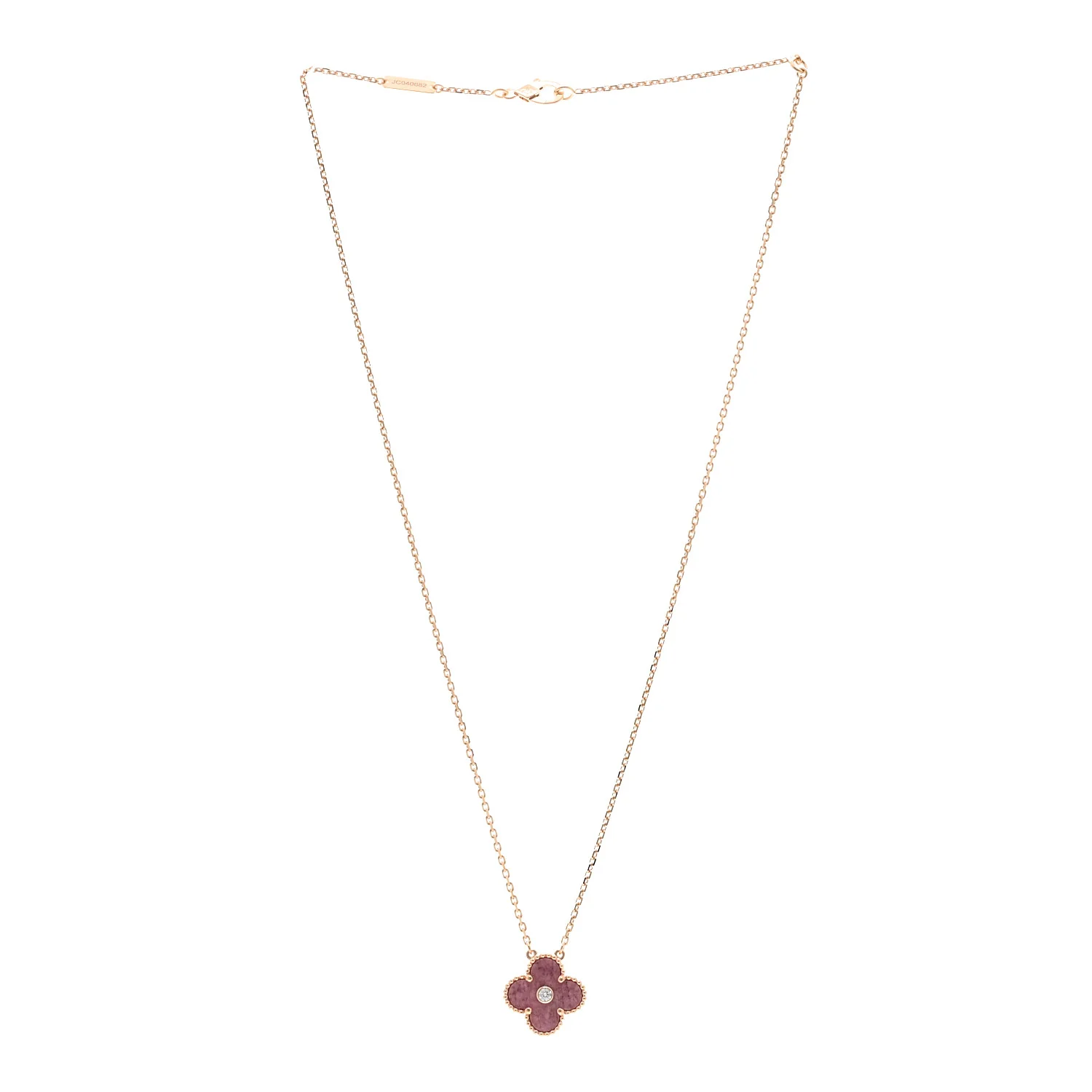 18K Rose Gold Diamond Rhodonite Vintage Alhambra Pendant Necklace - Image 3