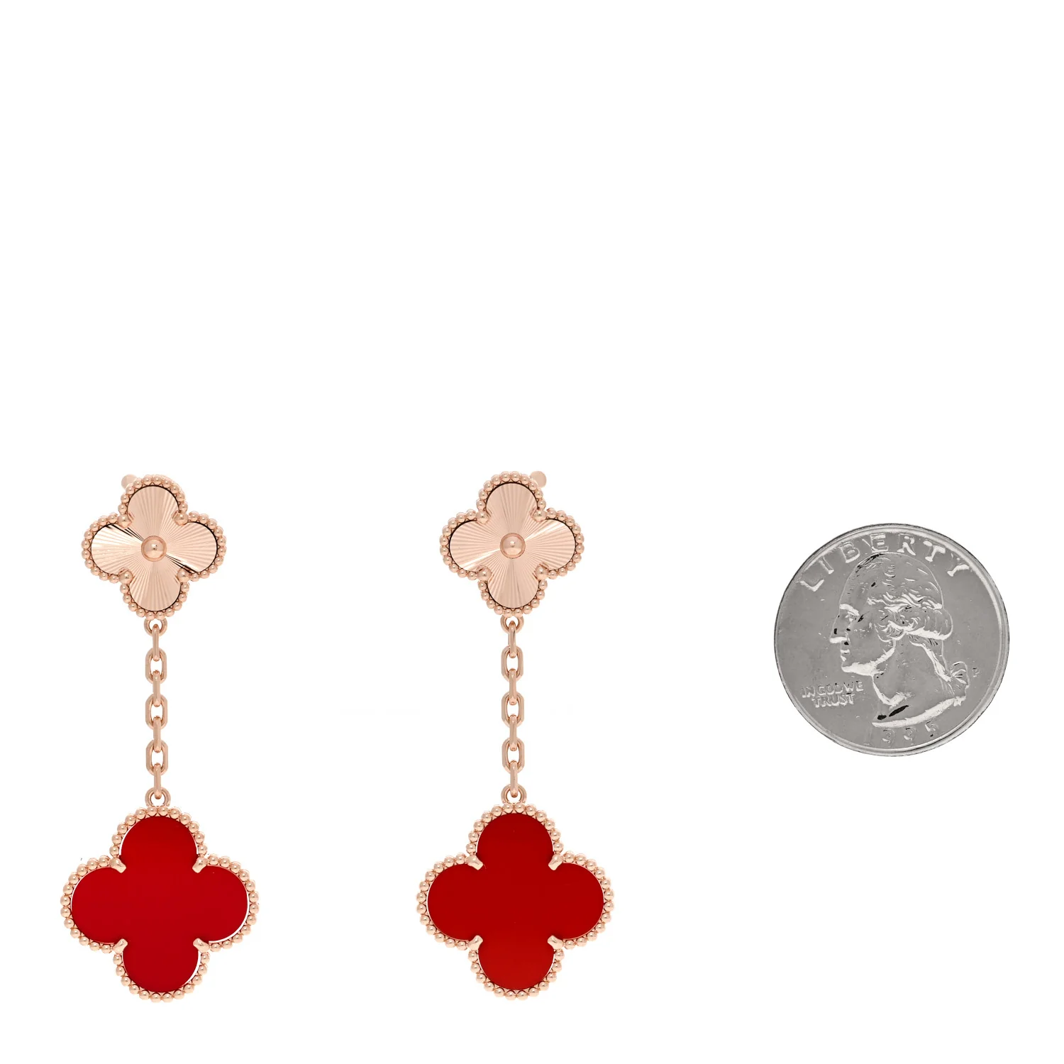18K Rose Gold Guilloche Carnelian 2 Motifs Magic Alhambra Earrings - Image 2